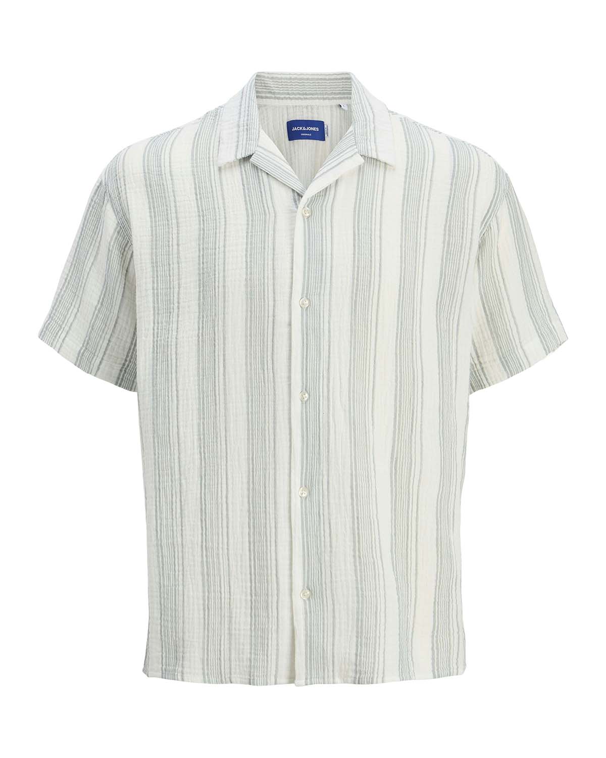 Camicia bowling a mezze maniche bianca in tessuto goffrato di puro cotone a righe salvia