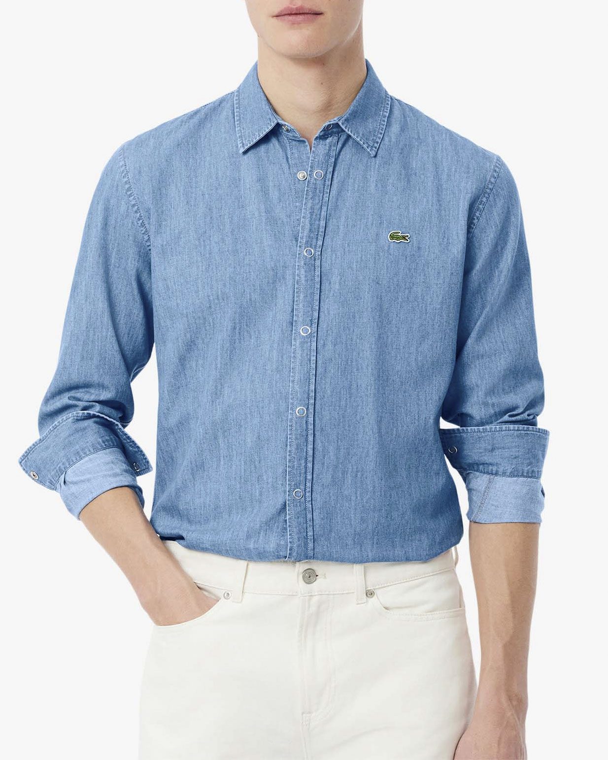 Camicia manica lunga Lacoste in denim di puro cotone lavaggio chiaro stone washed