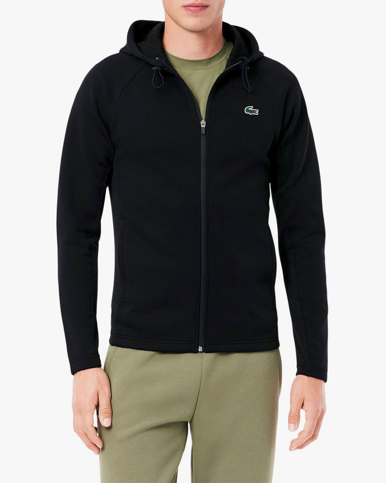Felpa Lacoste nera con cappuccio e chiusura zip con inserti in mesh