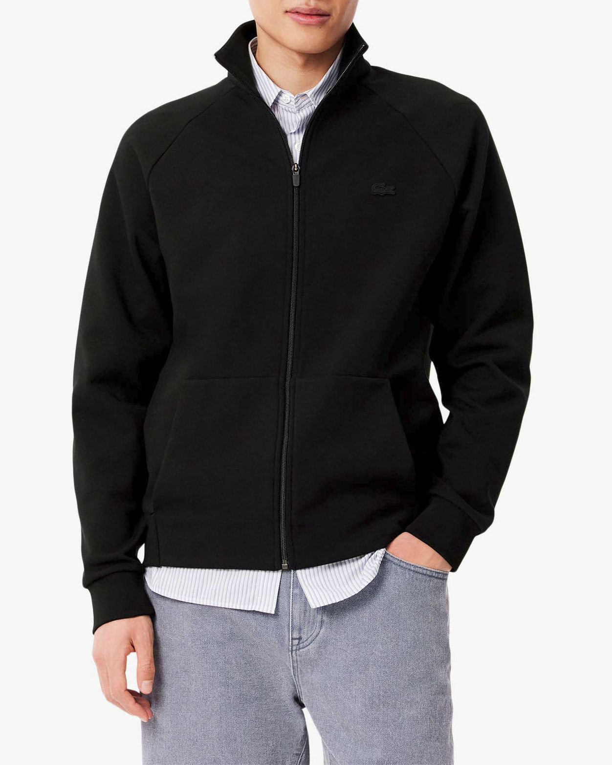 Felpa nera in interlock di cotone con chiusura zip e logo coccodrillo in tono