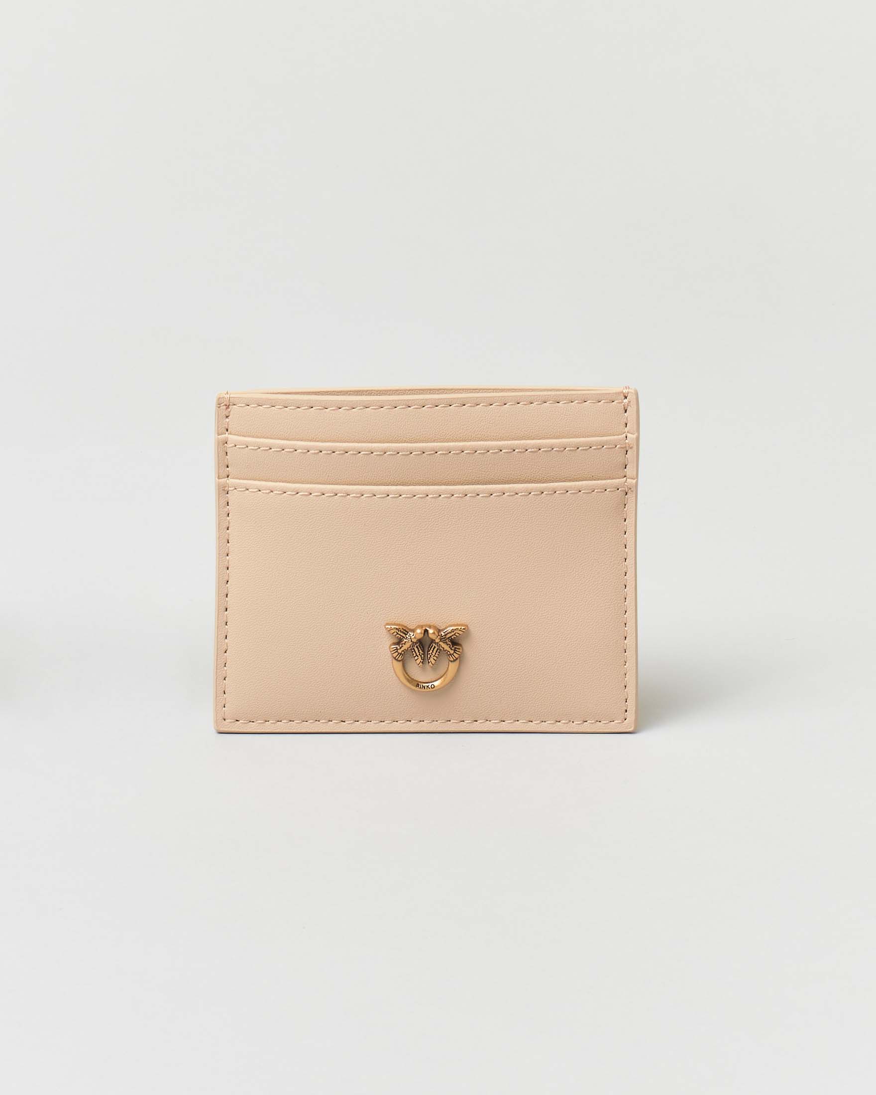 Porta carte di credito beige in pelle mano seta con taschina e fibbia Love Birds dorata