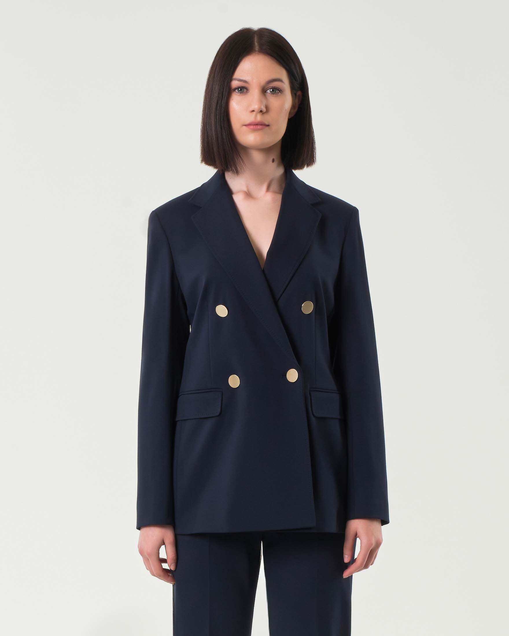 Blazer doppiopetto blu in jersey punto Milano con bottoni a specchio color oro
