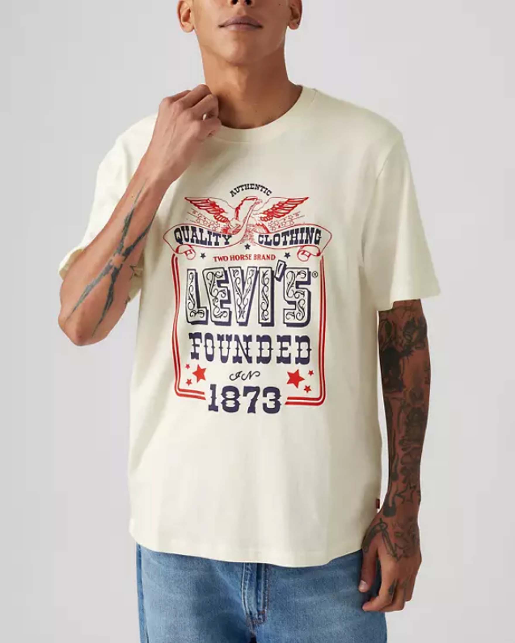 T-shirt panna mezza manica con grafica logo vintage davanti