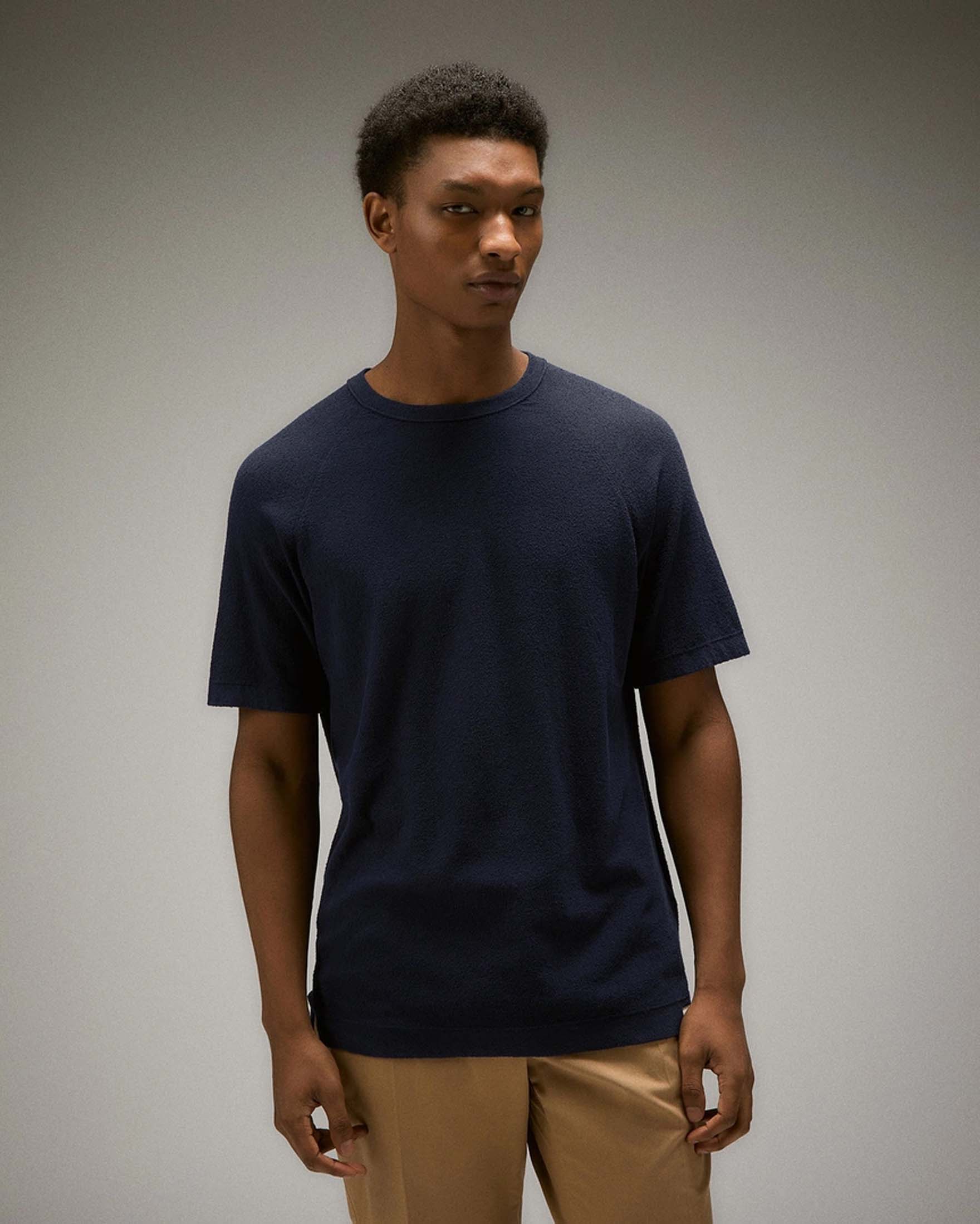 T-shirt blu mezza manica in tessuto effetto spugna di misto cotone
