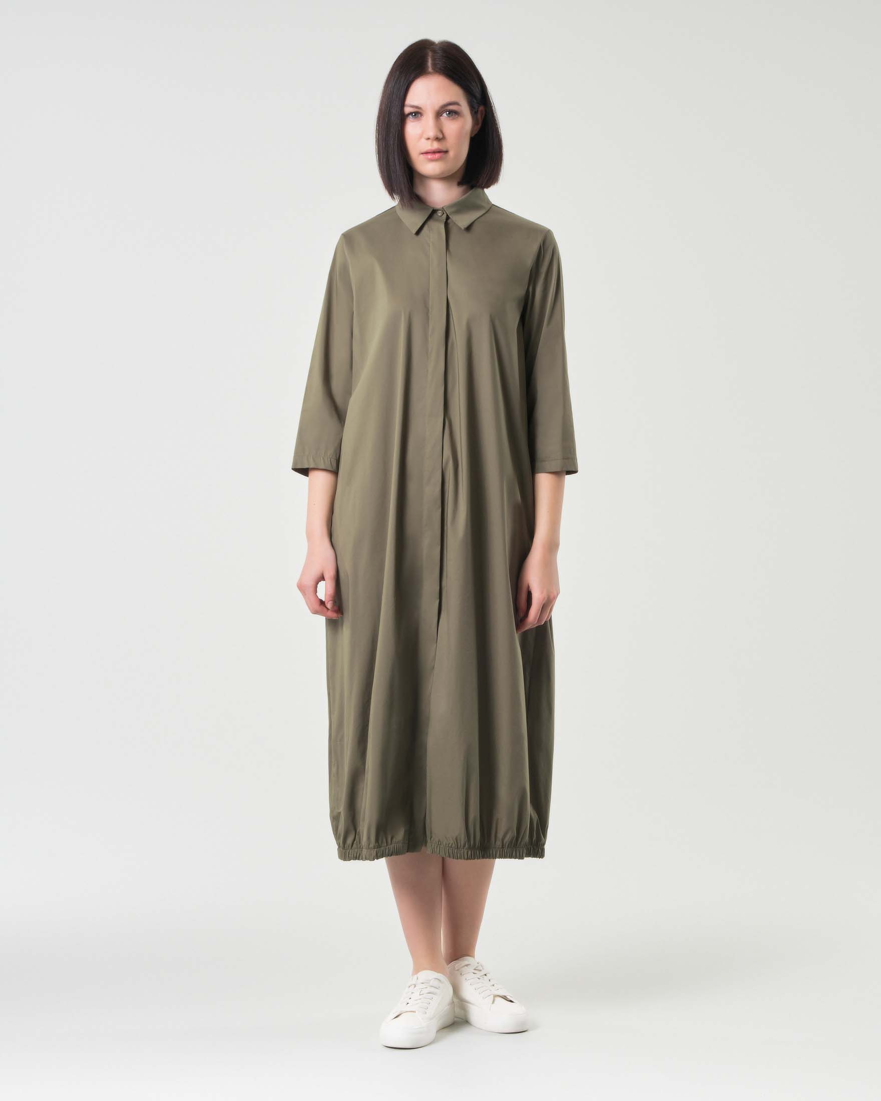 Abito midi chemisier verde militare Jurerê in cotone stretch con maniche tre quarti ed elastico al fondo
