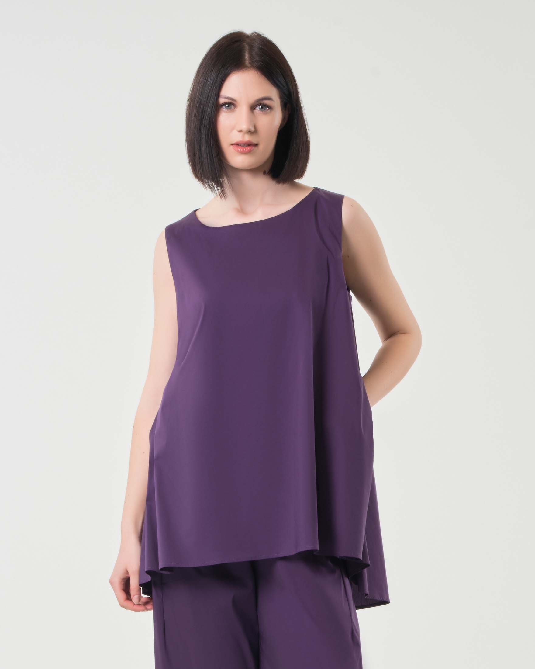 Blusa viola senza maniche dalla linea ampia al fondo in popeline di cotone stretch