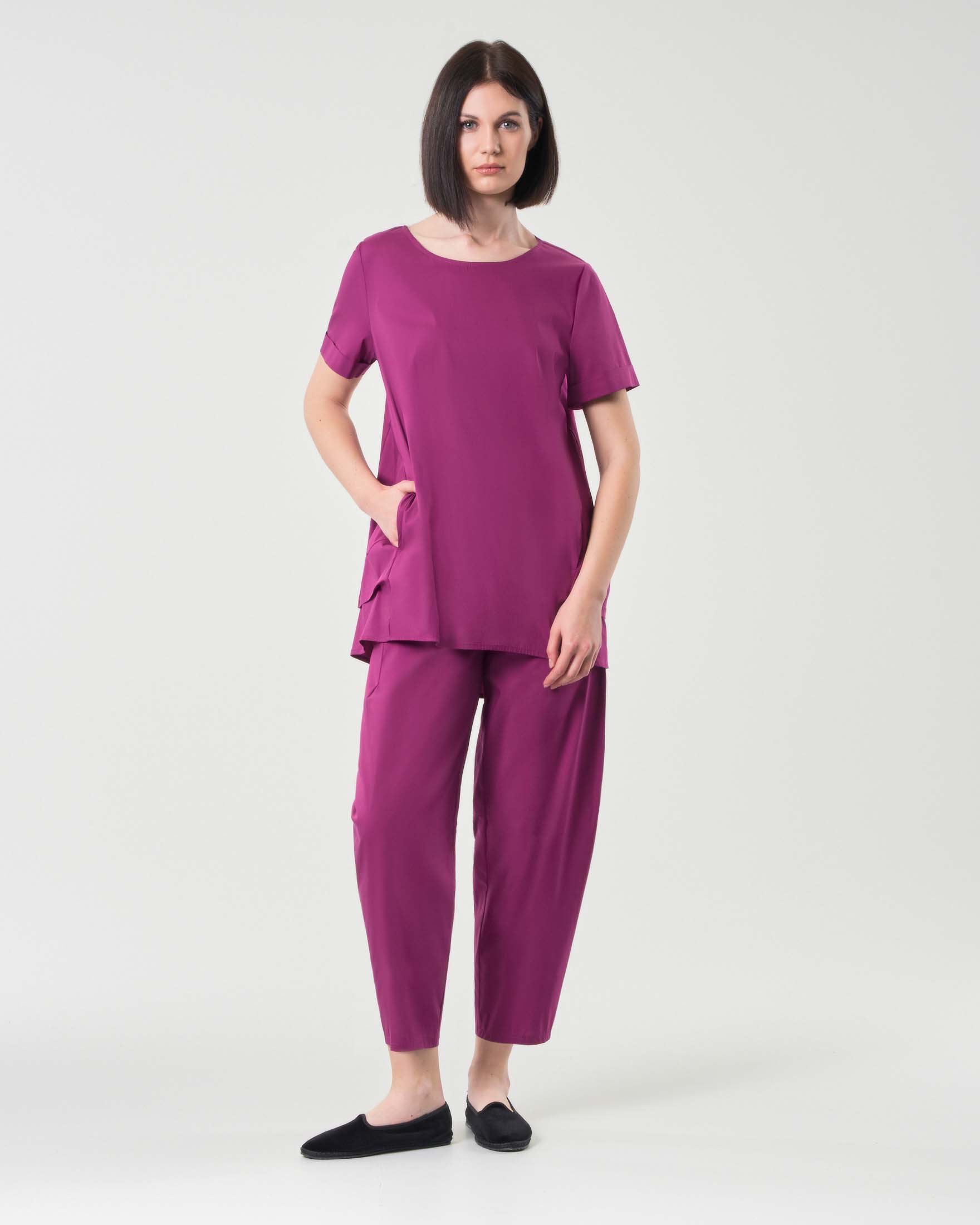 Pantaloni baloon fucsia in popeline di cotone stretch con elastico inserito in vita