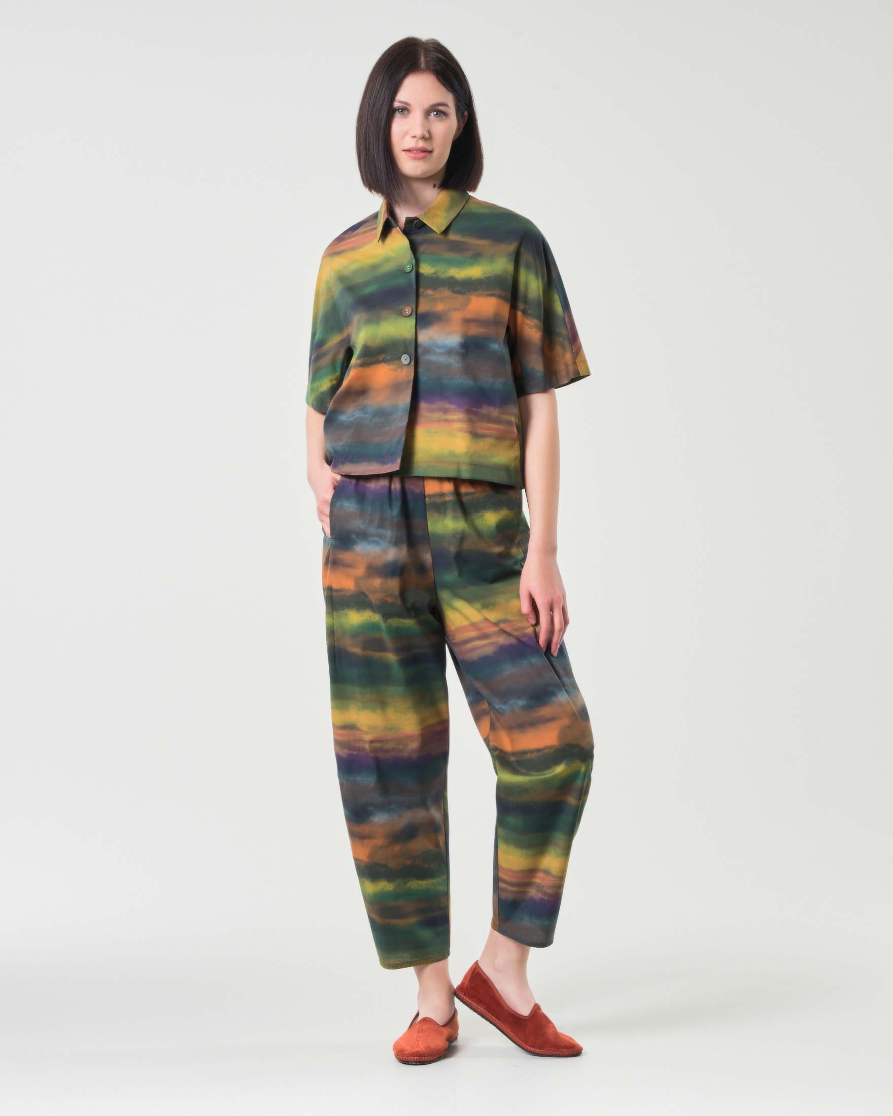 Pantaloni baloon in popeline di cotone stretch a sfumature multicolore con elastico inserito in vita