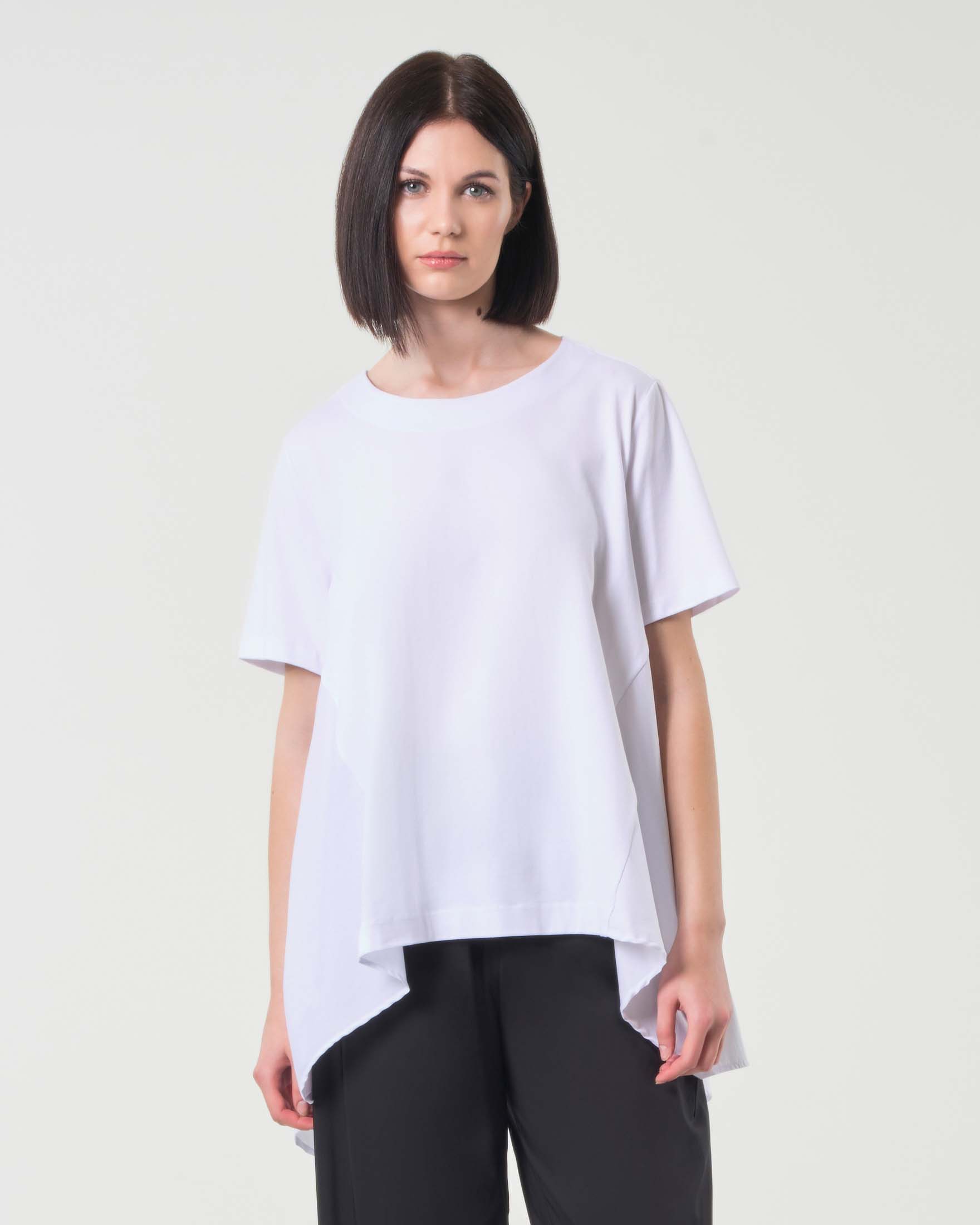 T-shirt bianca in popeline di cotone e jersey a maniche corte con fondo svasato e spacco sulla schiena