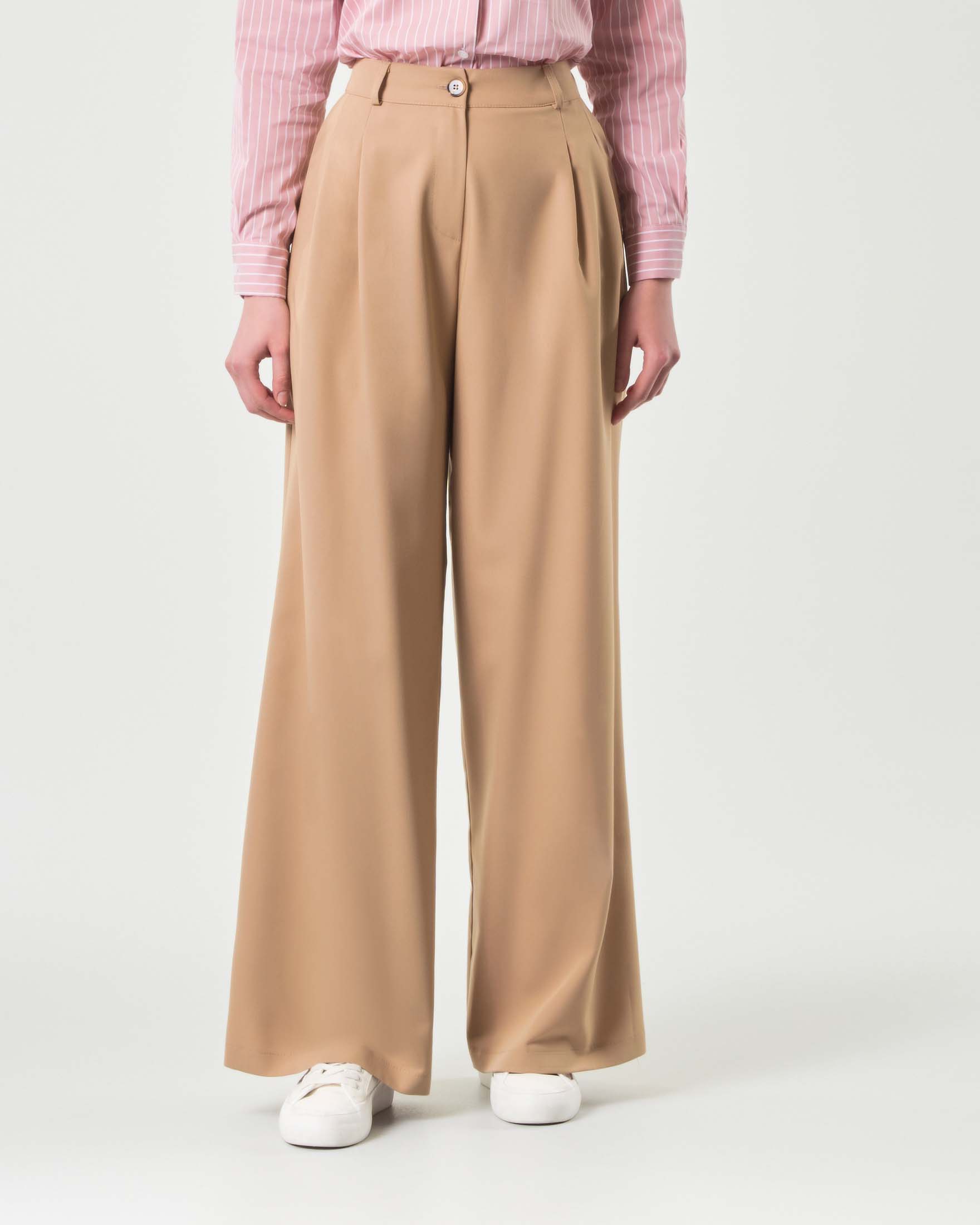 Pantaloni wide color cammello in misto viscosa con pinces in vita image