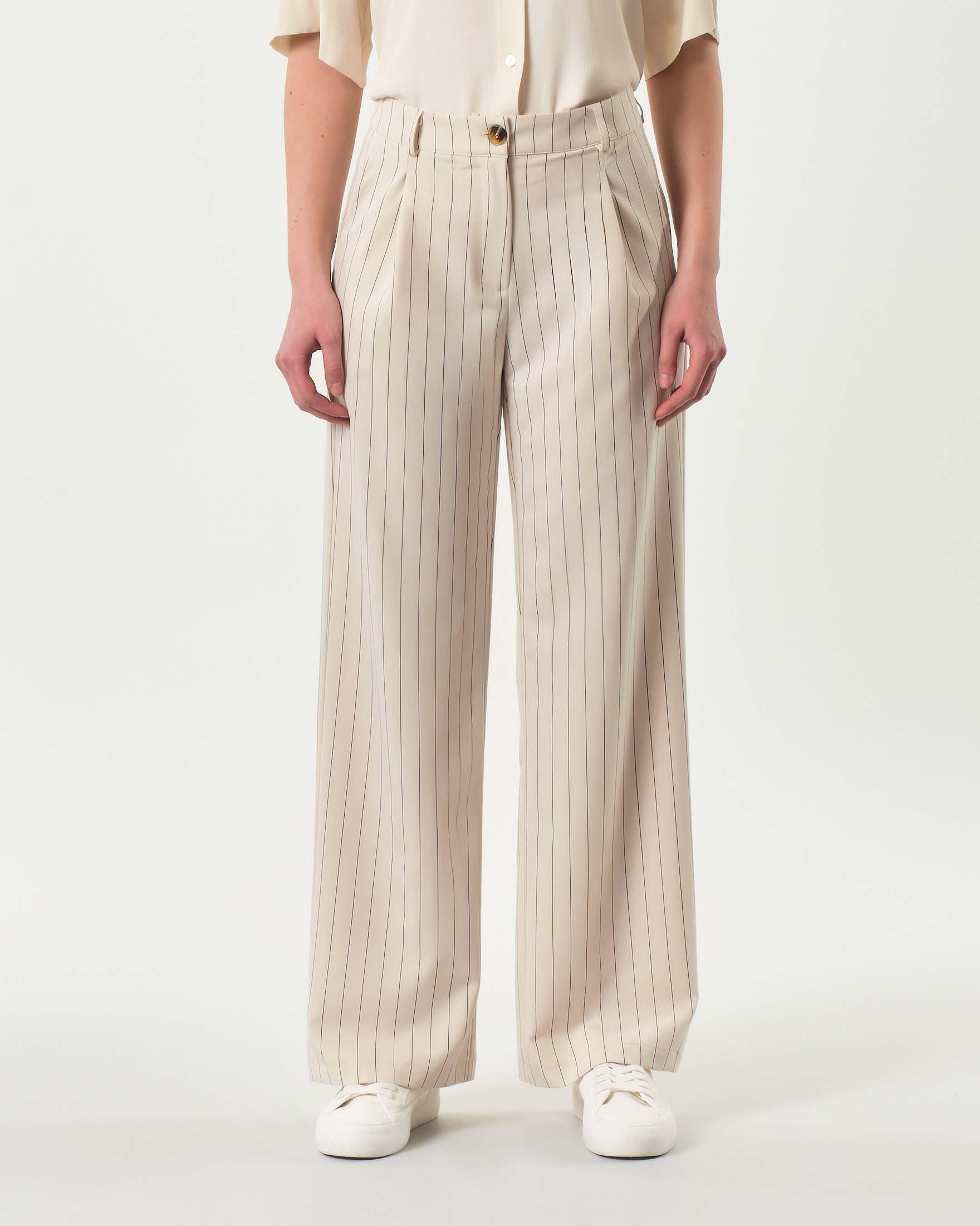 Pantaloni avorio gessato nero in misto viscosa dalla linea straight con pince in vita image