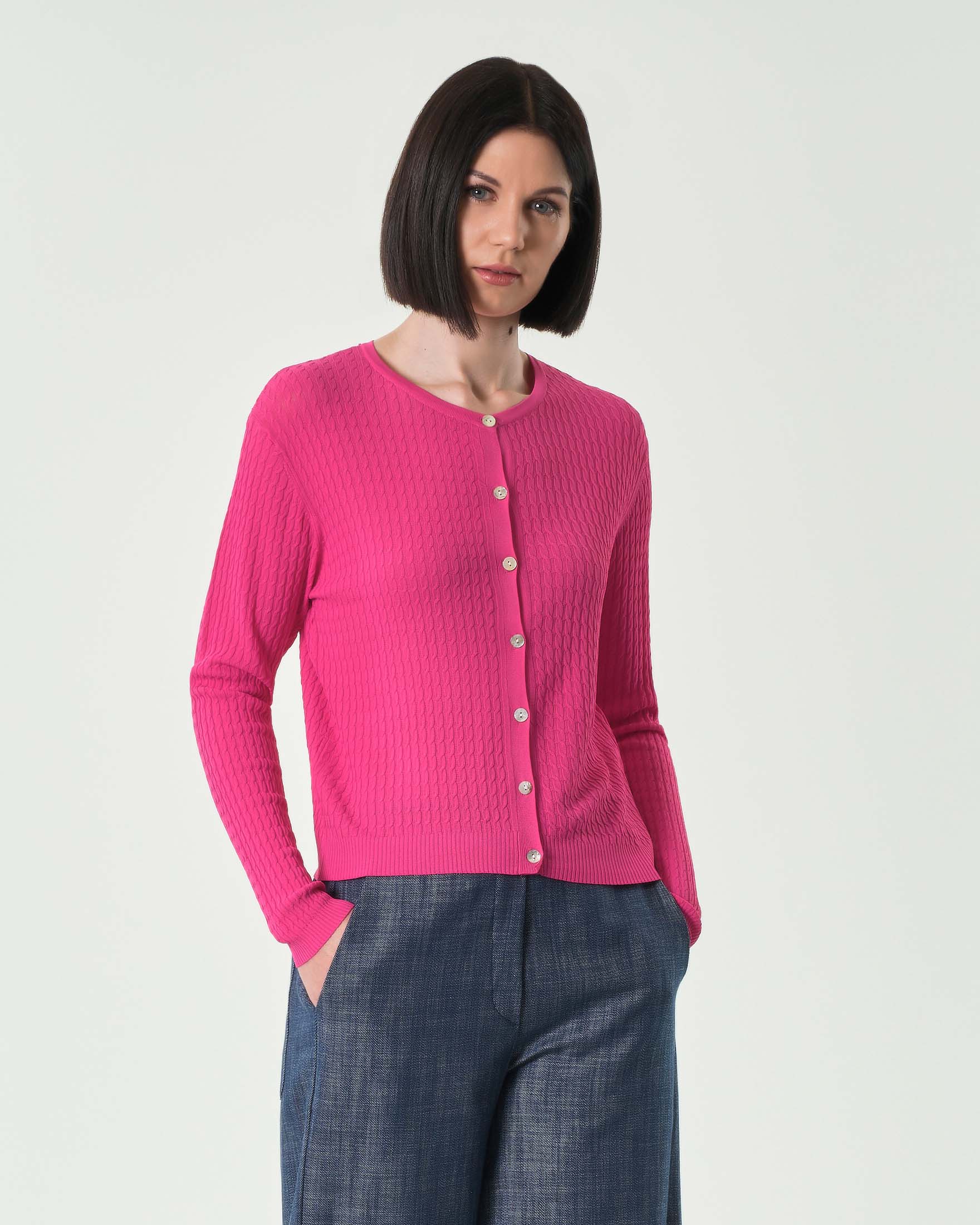 Cardigan fucsia in misto viscosa a treccine con scollo tondo