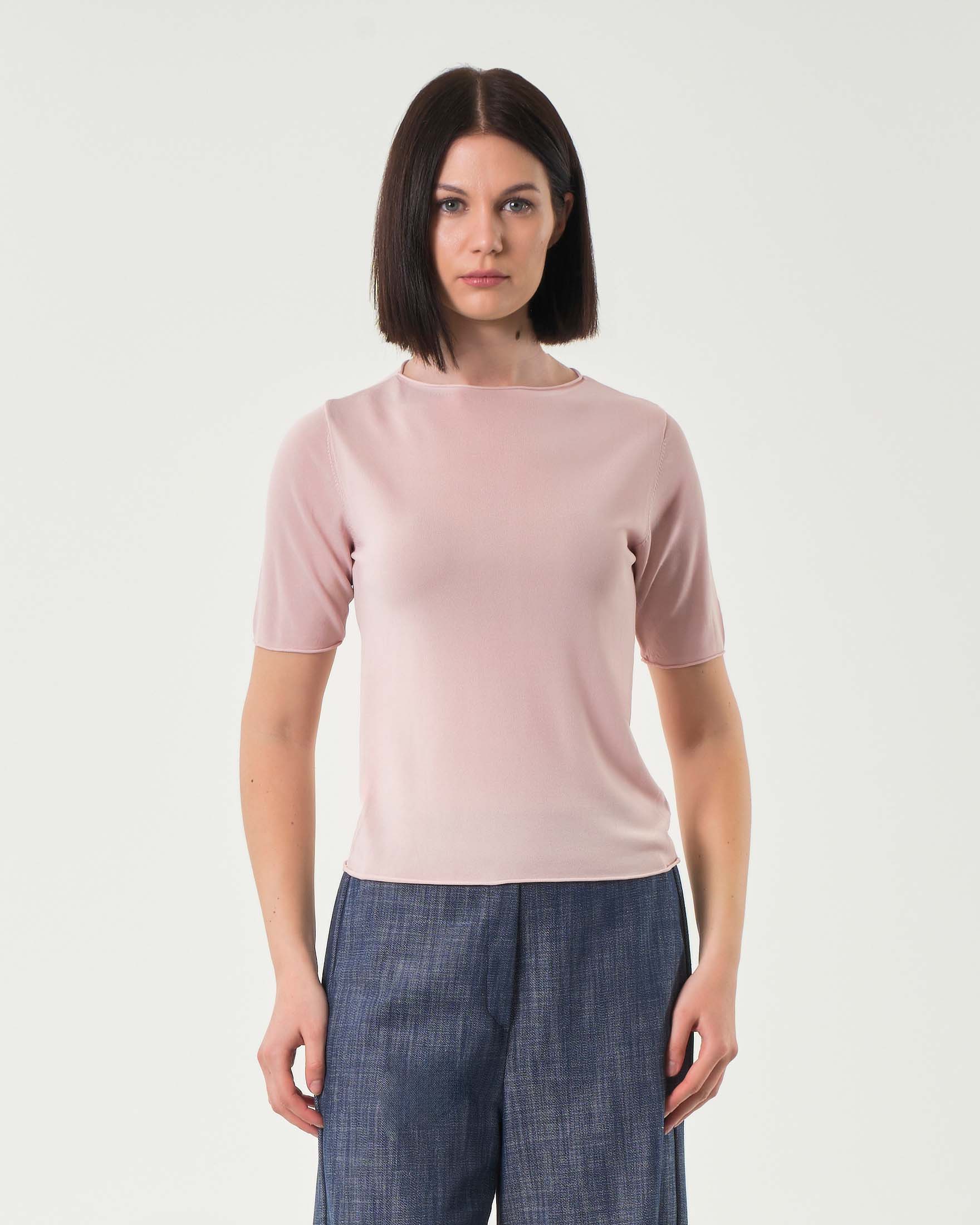 Maglia rosa in misto viscosa con maniche corte e orlo a vivo