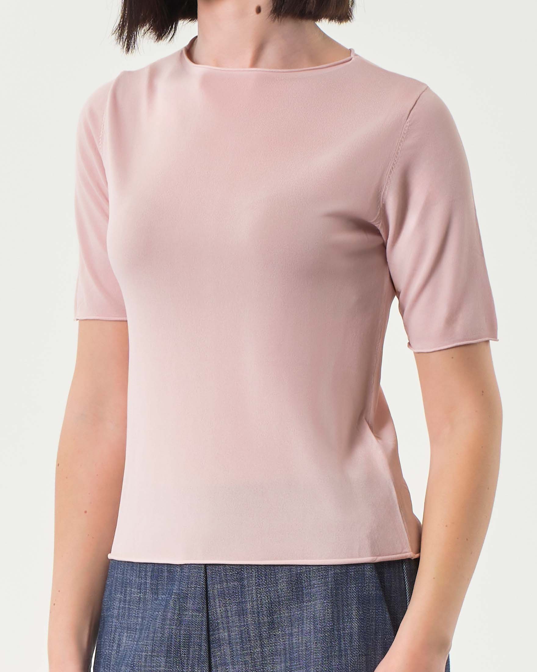 Maglia rosa in misto viscosa con maniche corte e orlo a vivo image