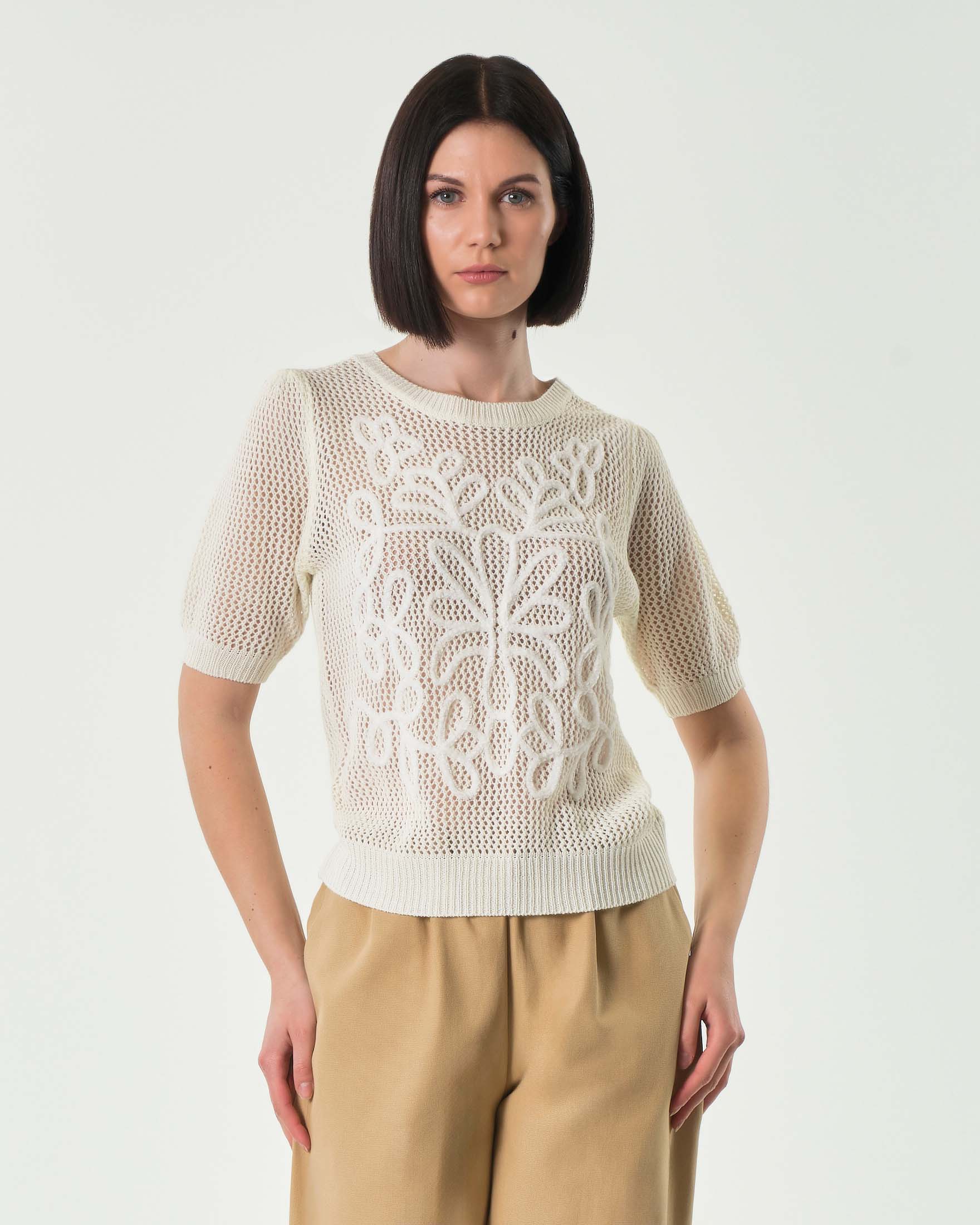 Maglia bianca a rete in misto cotone a rete con ricamo a rilievo tono su tono