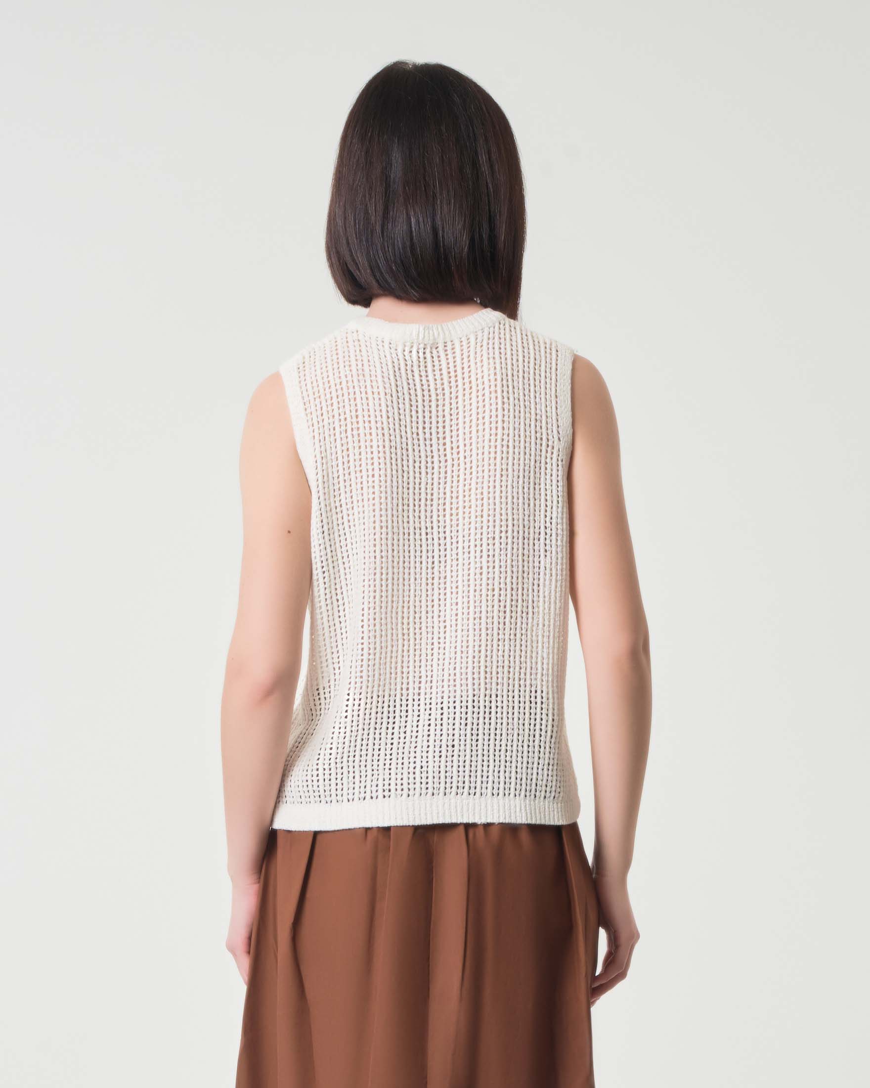 Gilet bianco in misto cotone a rete con ricami a rombi e floreali tono su tono
