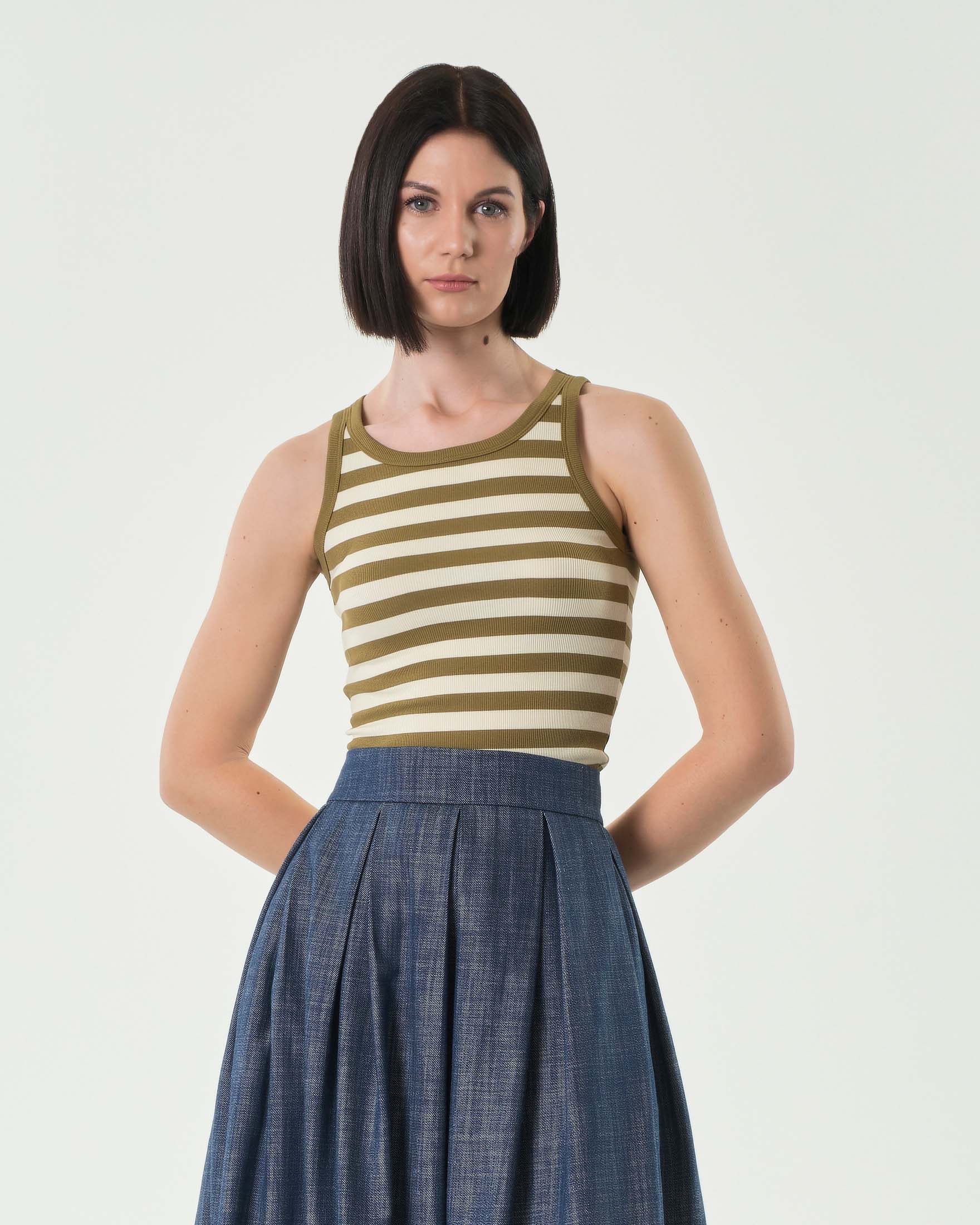 Tank top avorio a righe verde acido in viscosa e cotone a costine