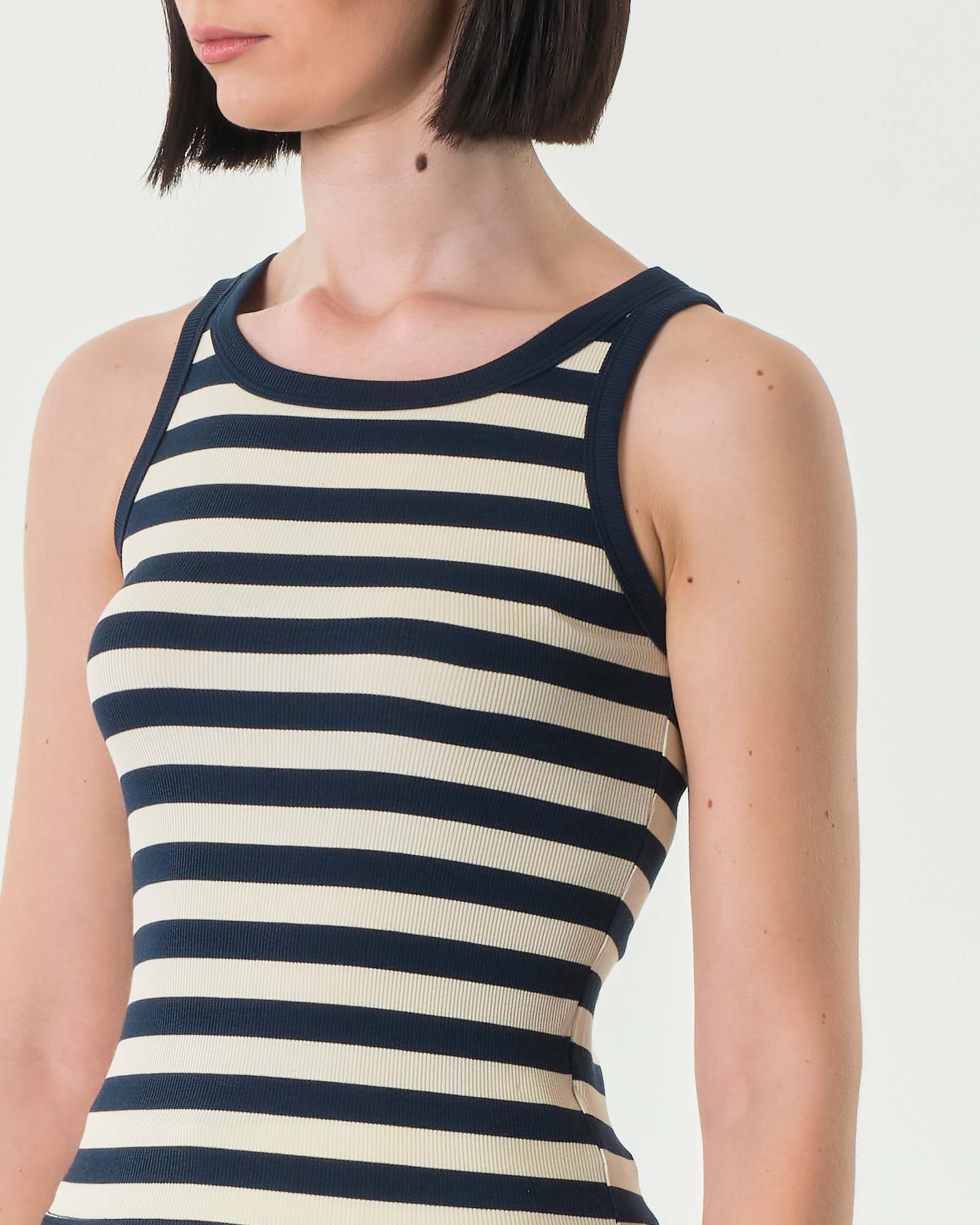 Tank top avorio a righe blu in viscosa e cotone a costine image