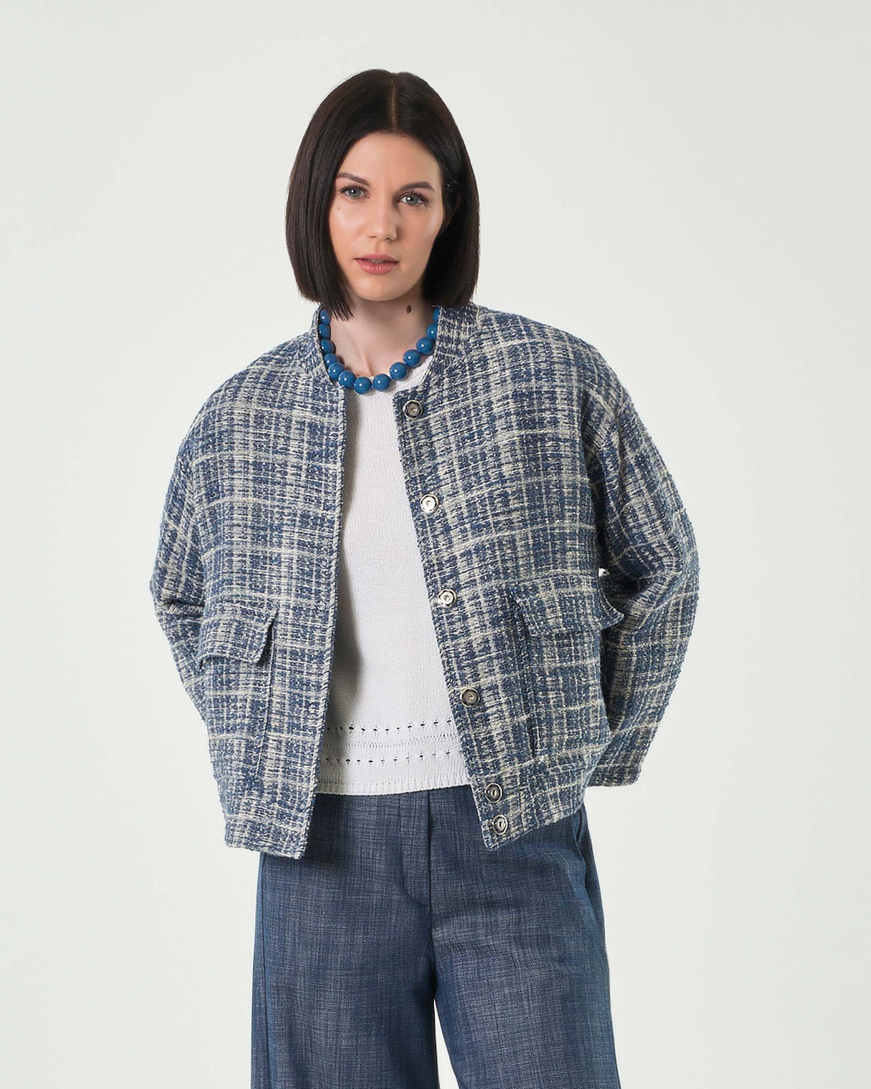 Bomber color avio in stuoia di misto cotone con inserto in lurex con colletto a listino