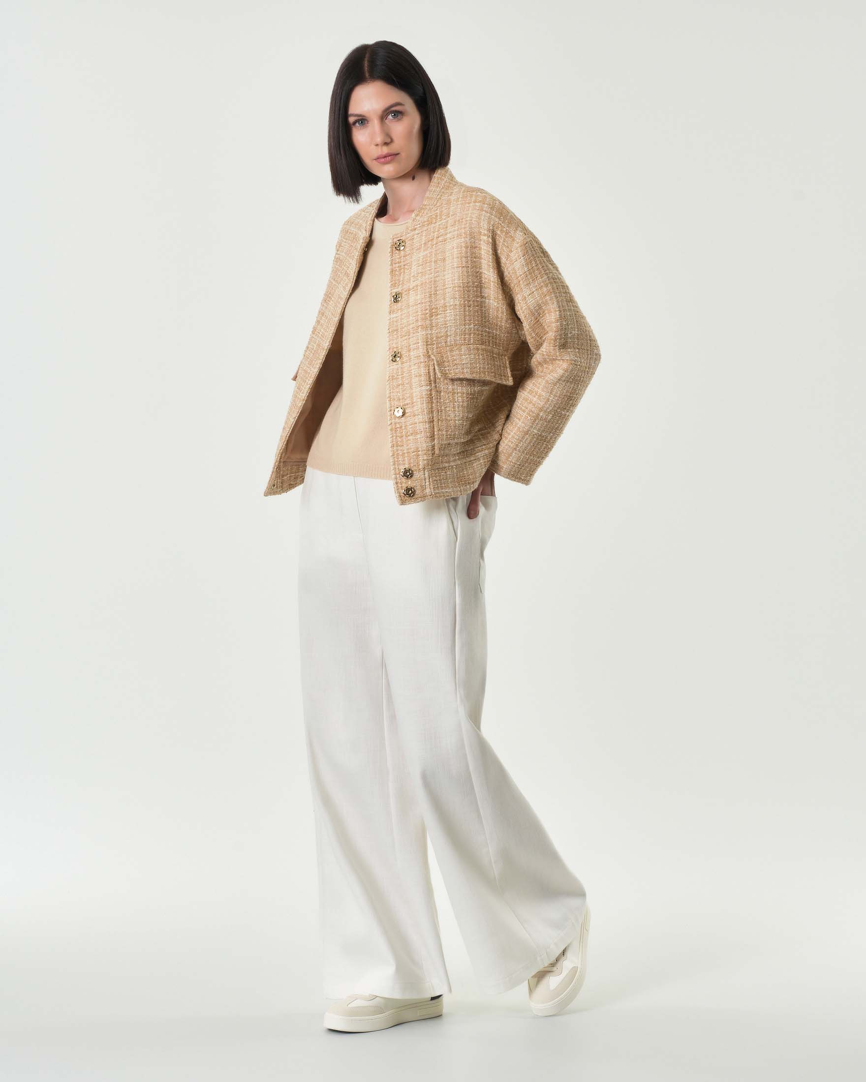 Bomber beige in stuoia di misto cotone con inserto in lurex con colletto a listino image