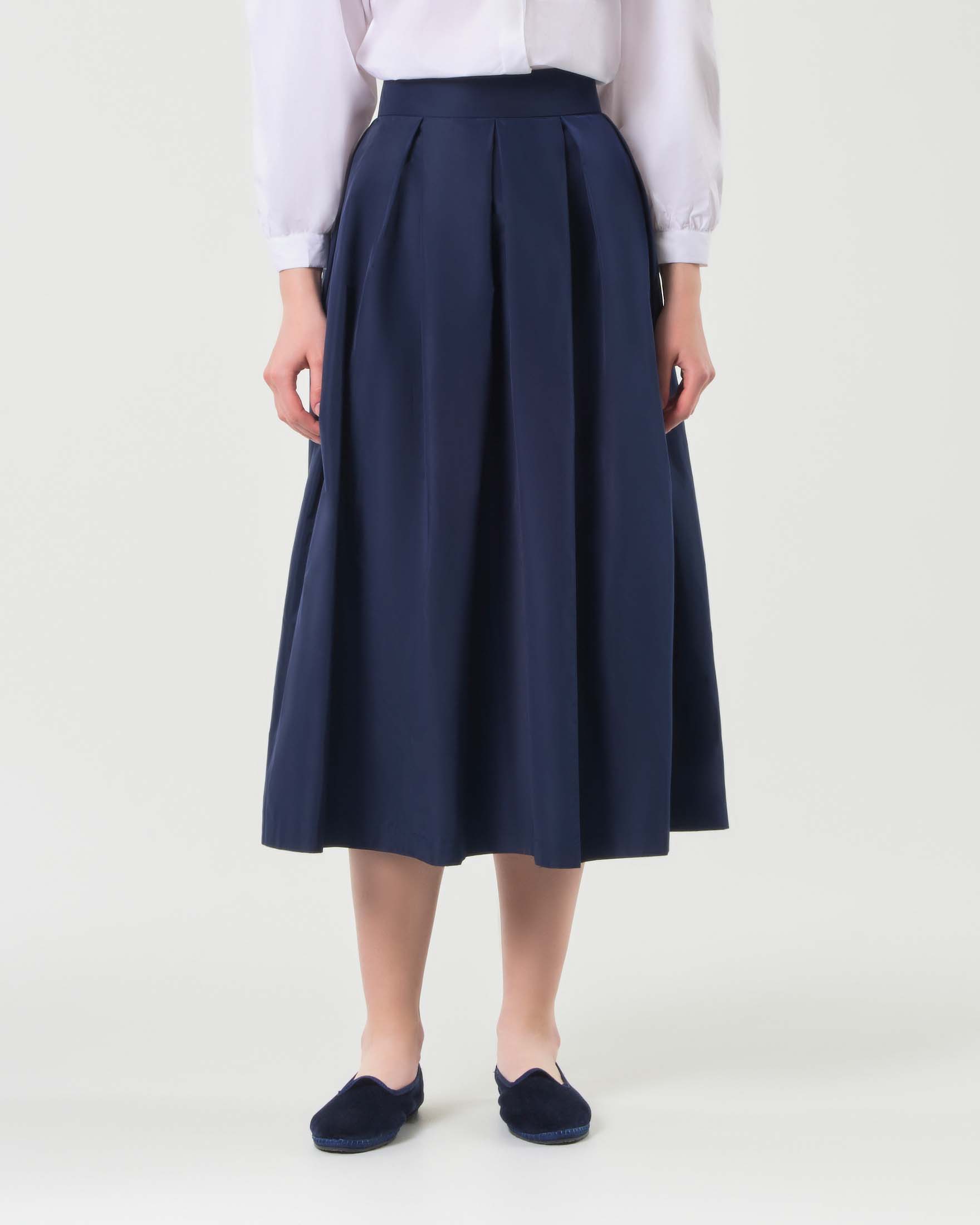 Gonna midi blu a faldoni in taffetà con fascia liscia in vita image