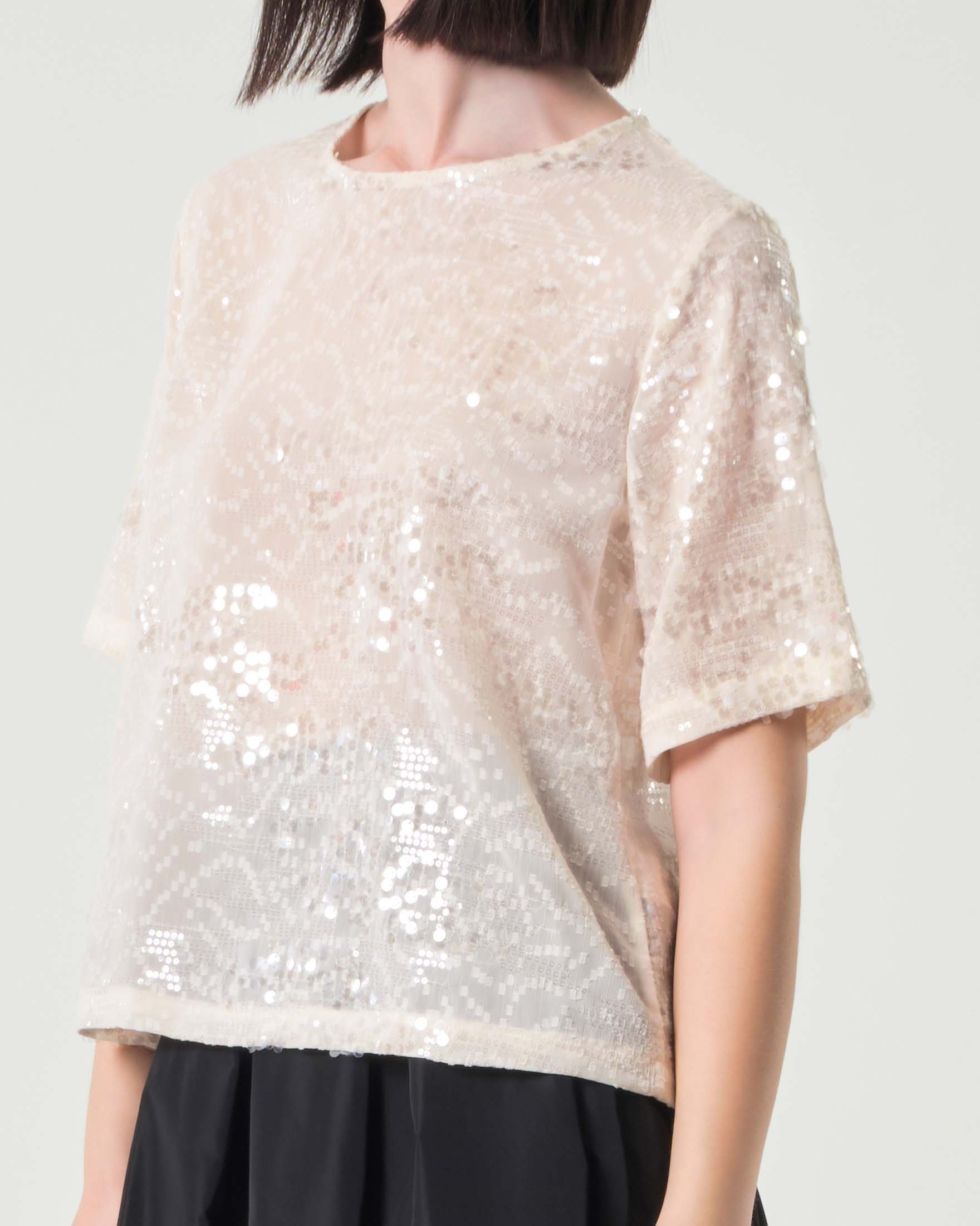 Blusa avorio a maniche corte con paillettes all over e scollo tondo image