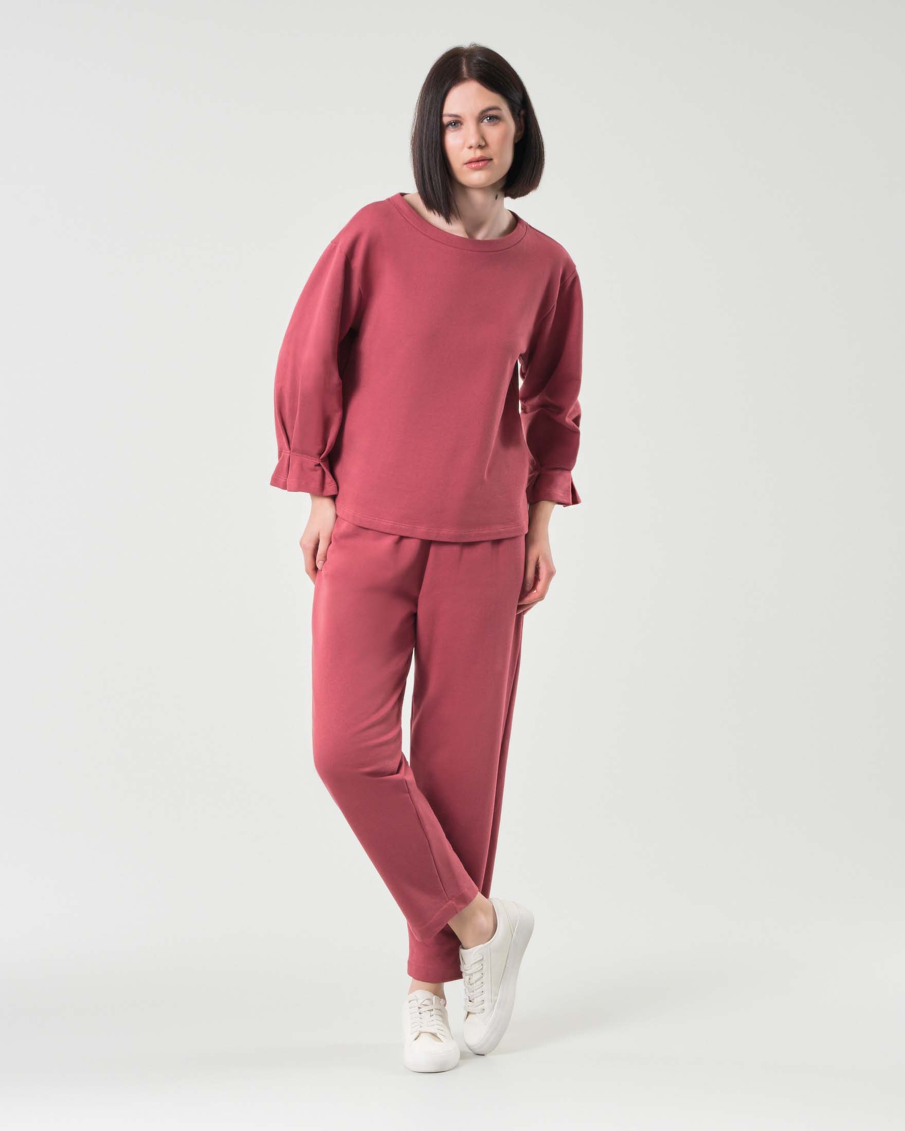 Felpa color ruggine in cotone garzato con cucitura e motivo a pieghe sui polsini image