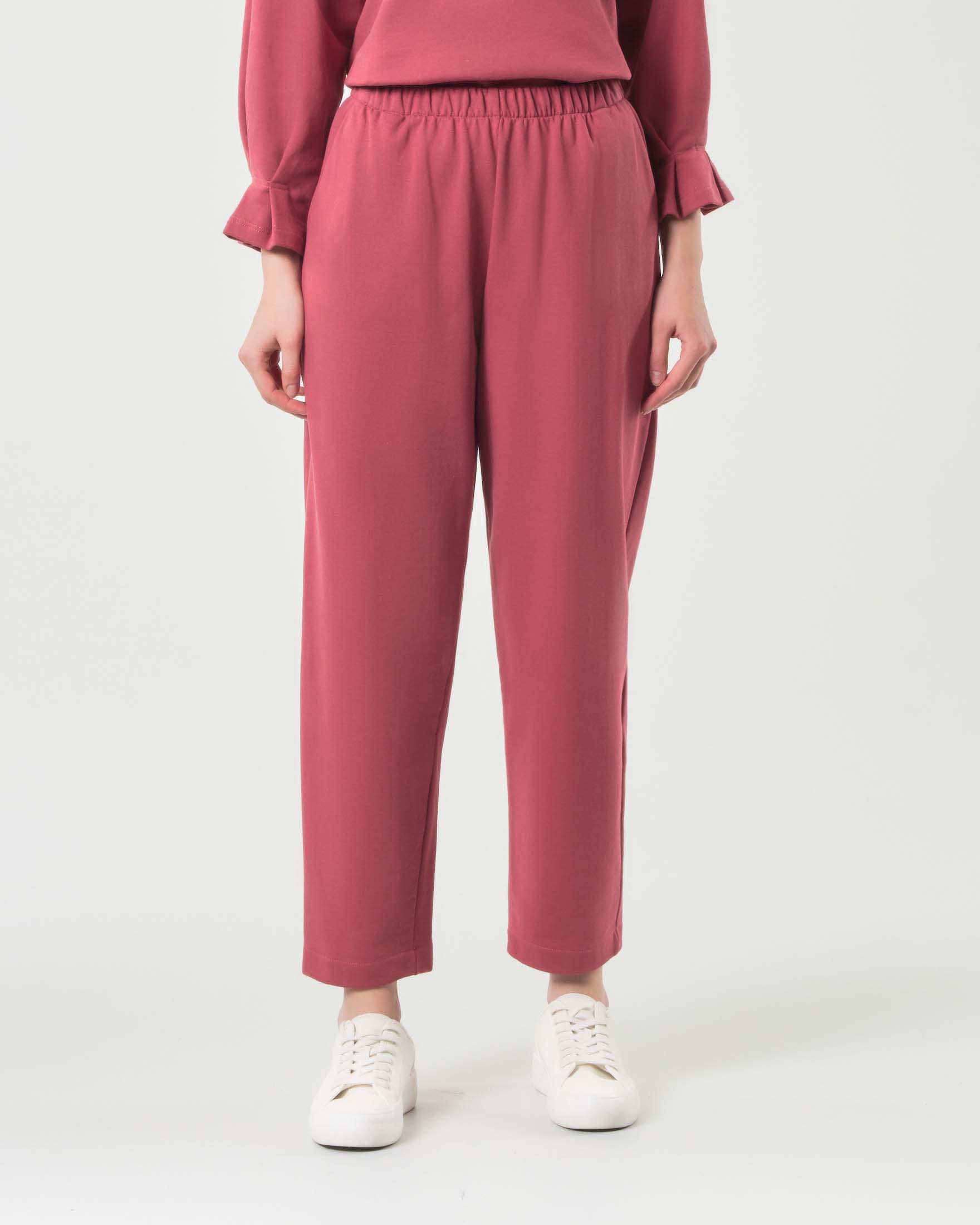 Pantaloni color ruggine in felpa di cotone garzato dalla linea dritta con elastico in vita image