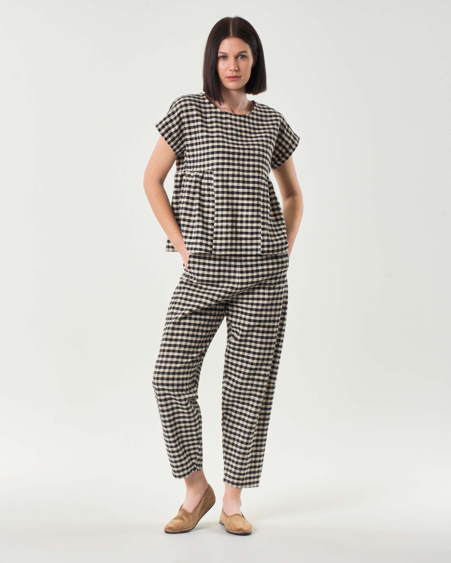 Pantaloni baloon in misto cotone garzato a fantasia quadretti Vichy con elastico inserito in vita