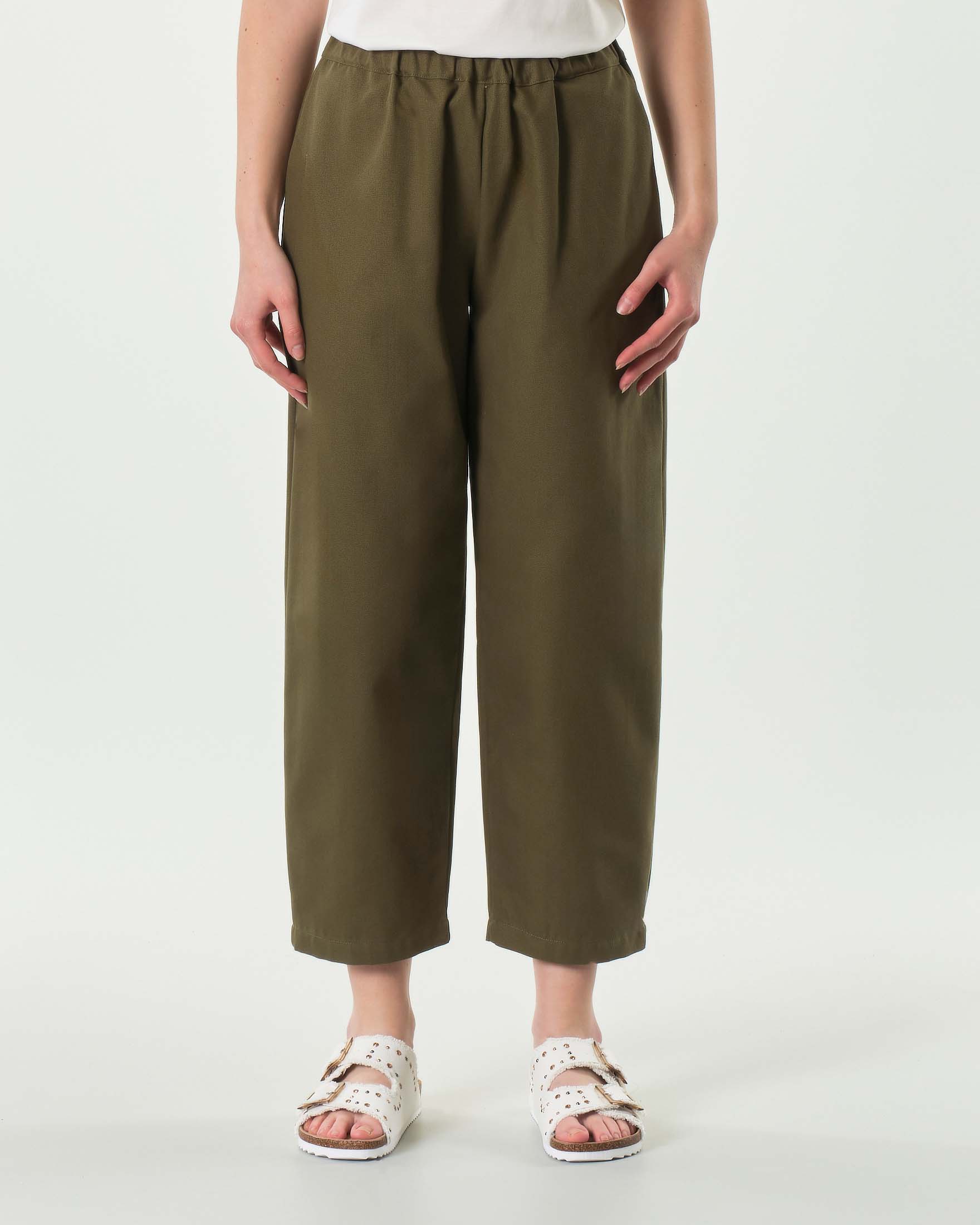 Pantaloni baloon verde militare in canvas di cotone con elastico in vita