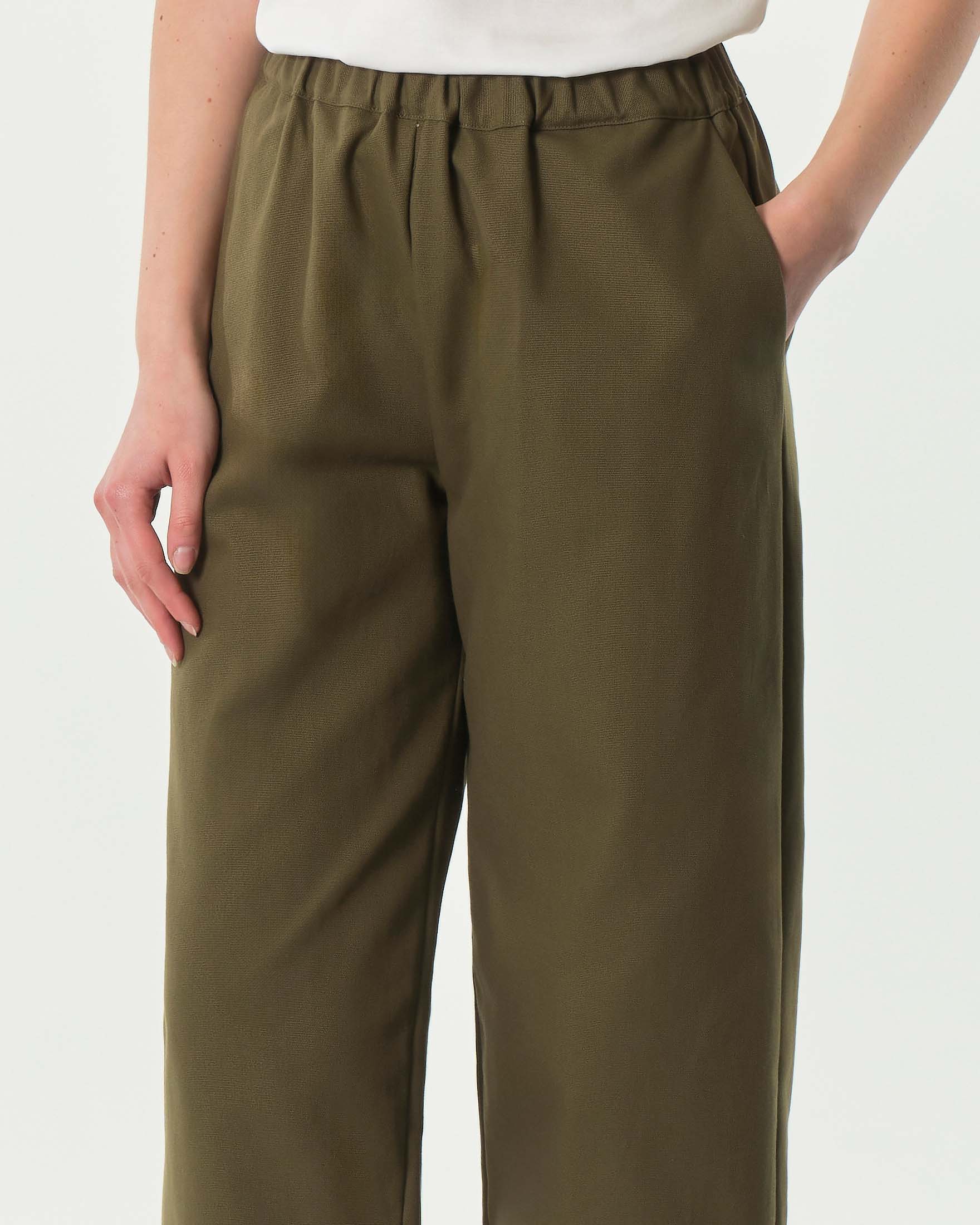 Pantaloni baloon verde militare in canvas di cotone con elastico in vita