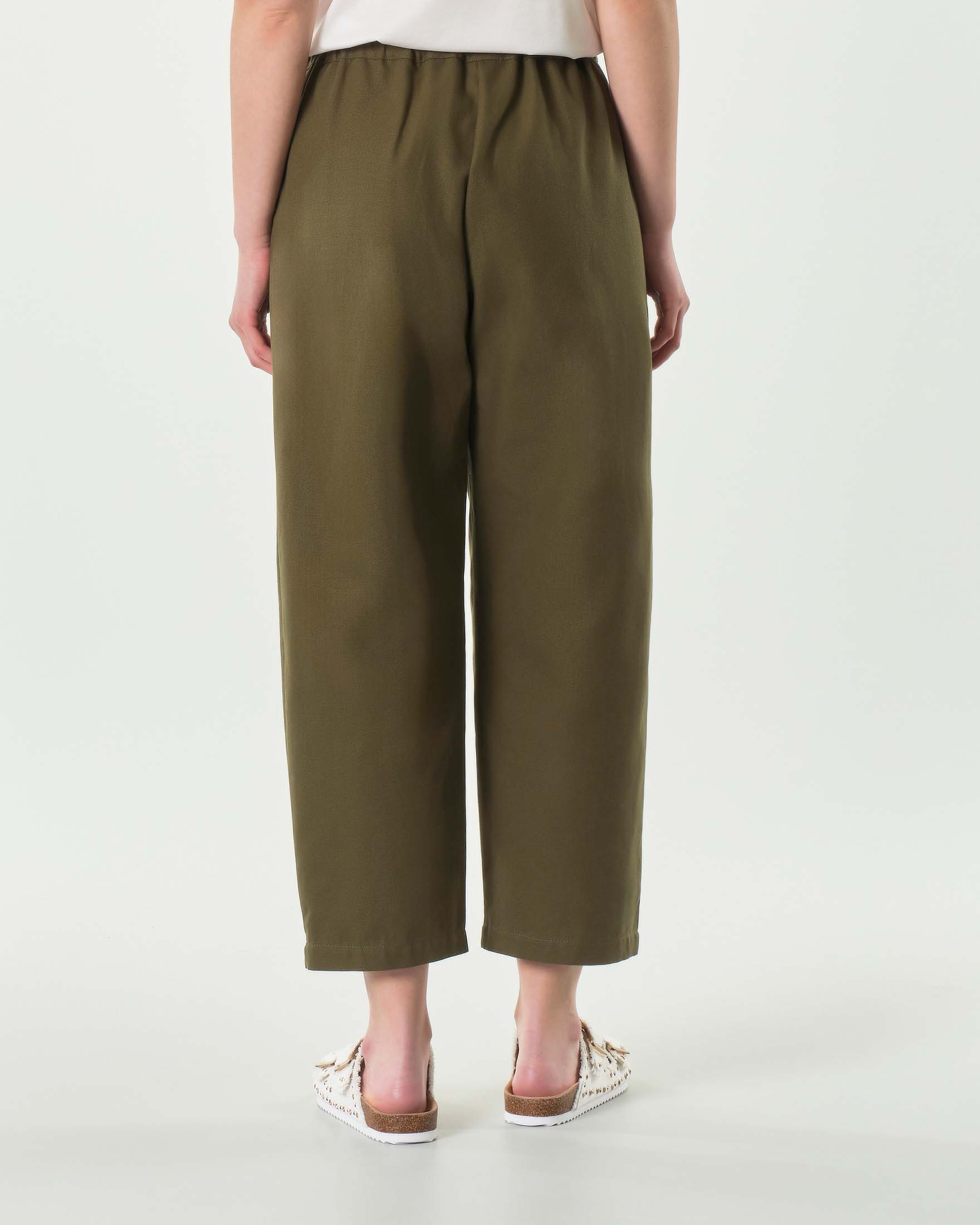 Pantaloni baloon verde militare in canvas di cotone con elastico in vita