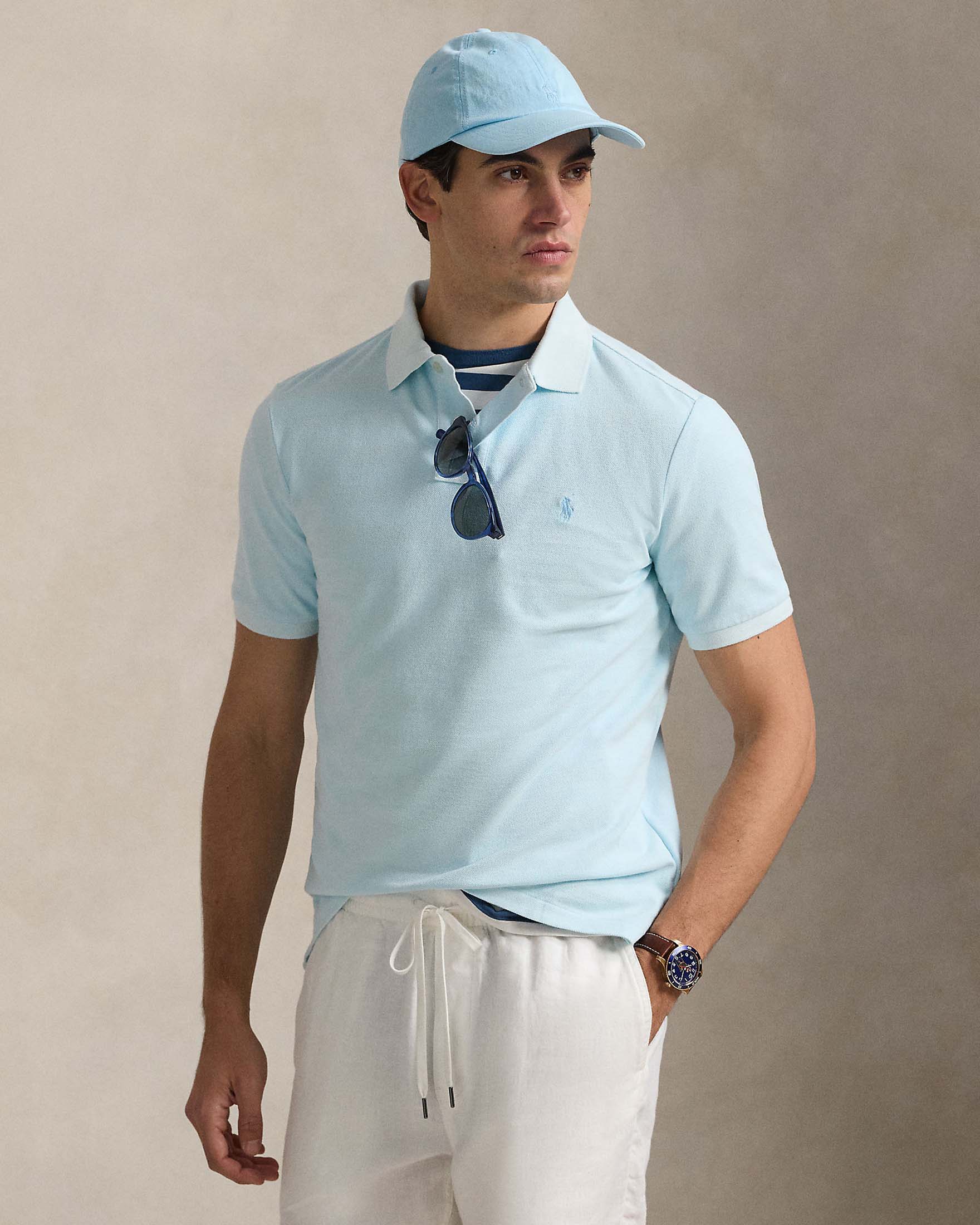Polo azzurra custom slim-fit mezza manica in piquè di puro cotone
