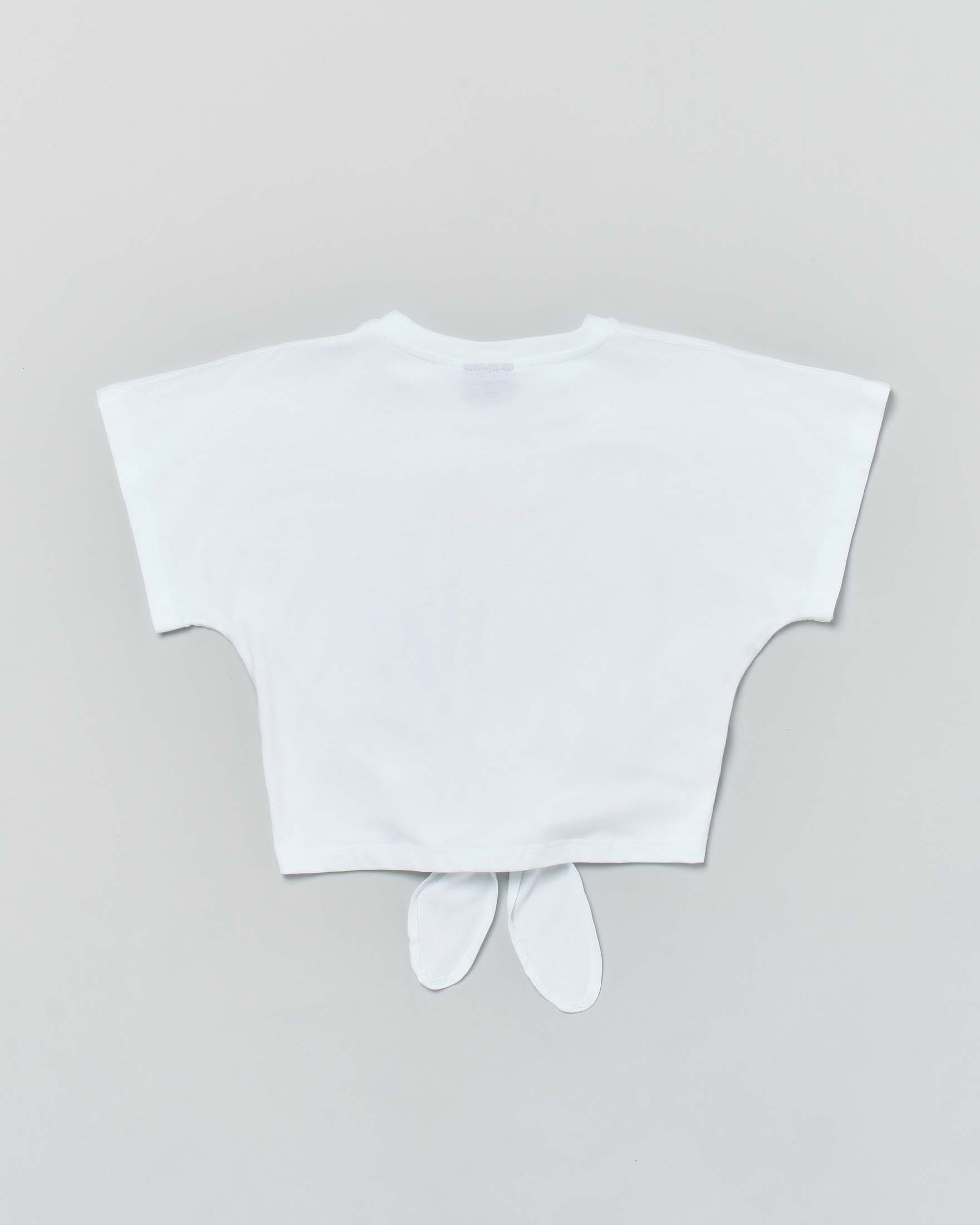 T-shirt Disclaimer bianca cropped con nodo in vita