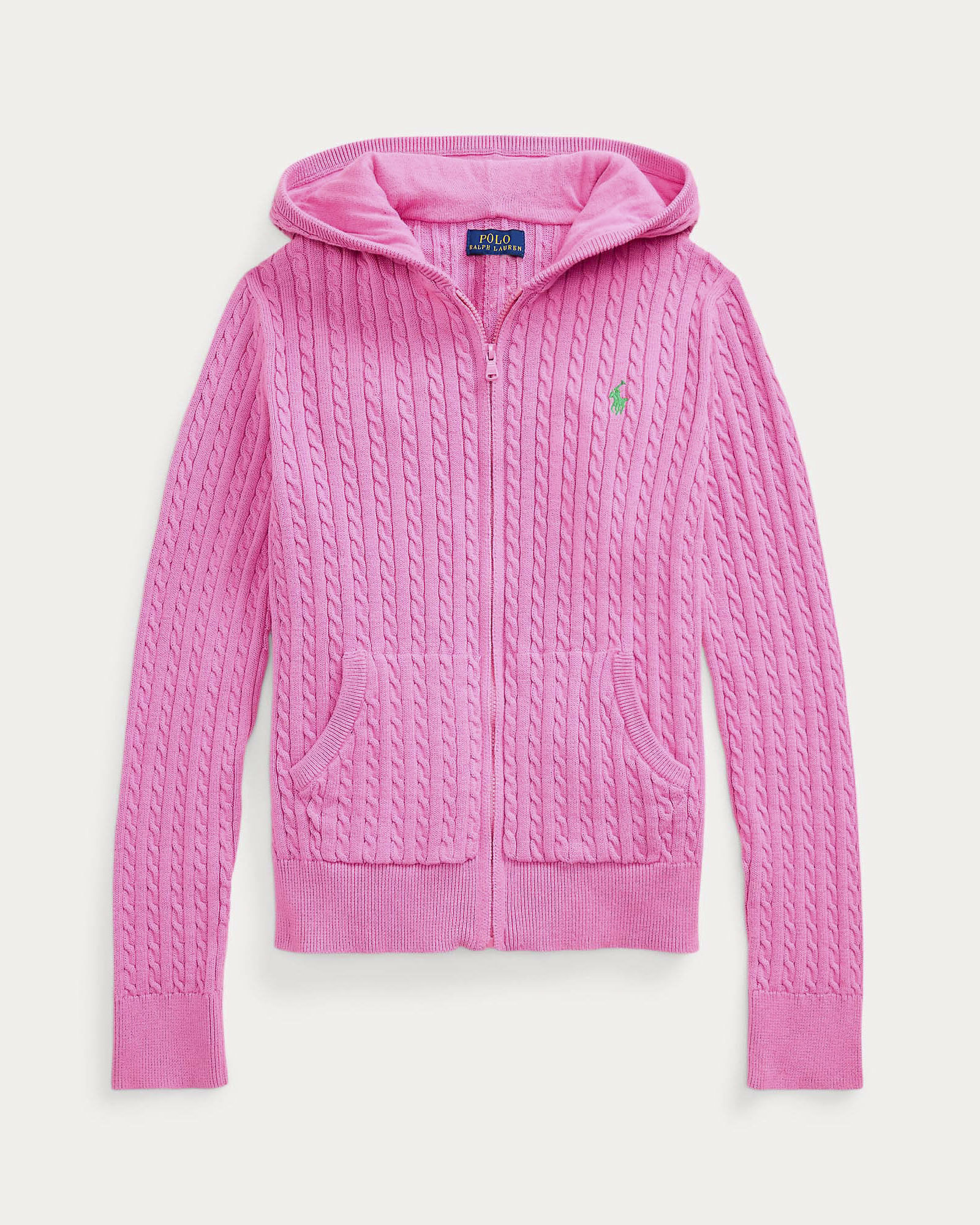 Maglia fucsia Polo in cotone lavorata a trecce con zip e cappuccio