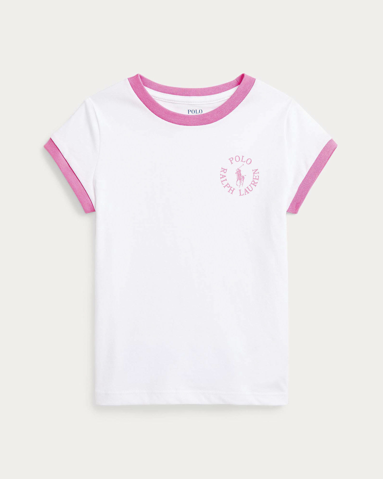 T-shirt bianca mezza manica Polo con profili fucsia