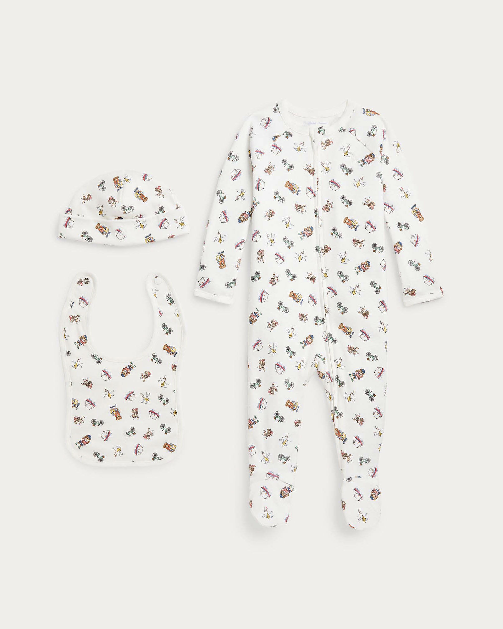 Set tutina Polo cappellino e bavaglino bianchi in fantasia multicolor