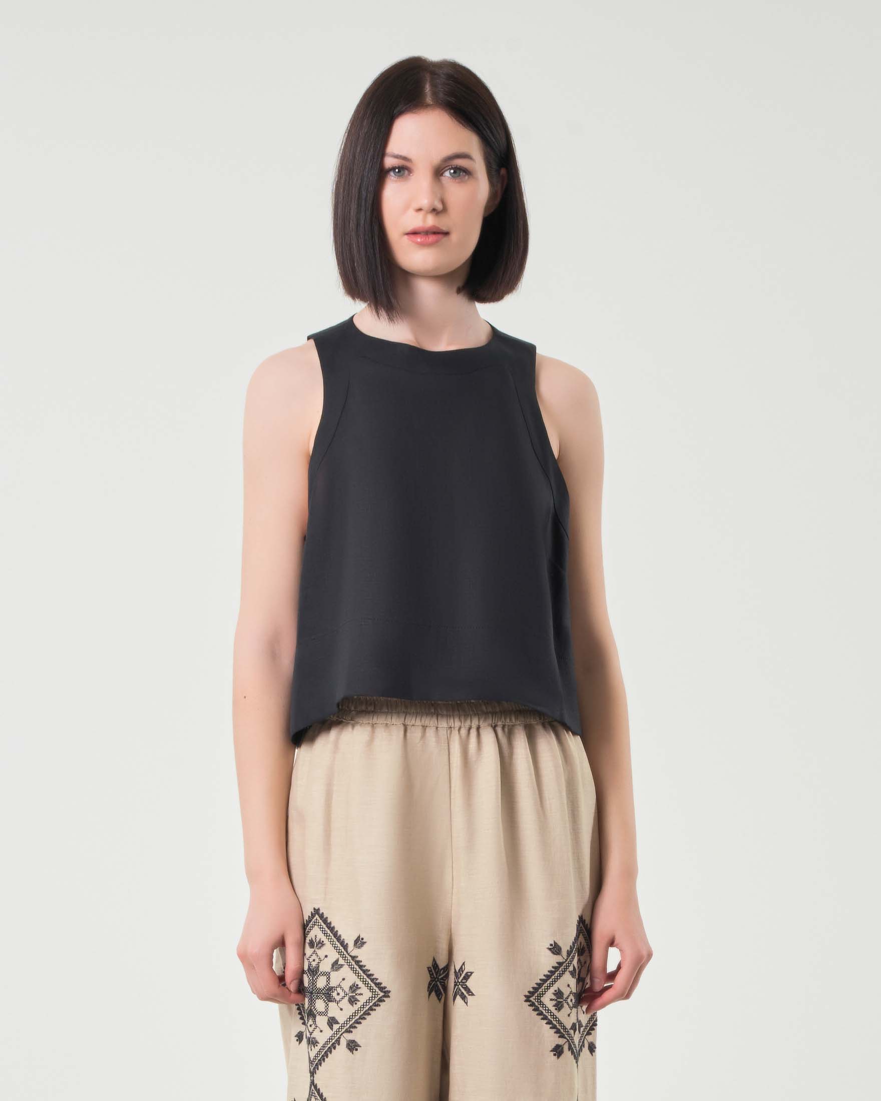 Crop top nero senza maniche in cotone con scollo all'americana