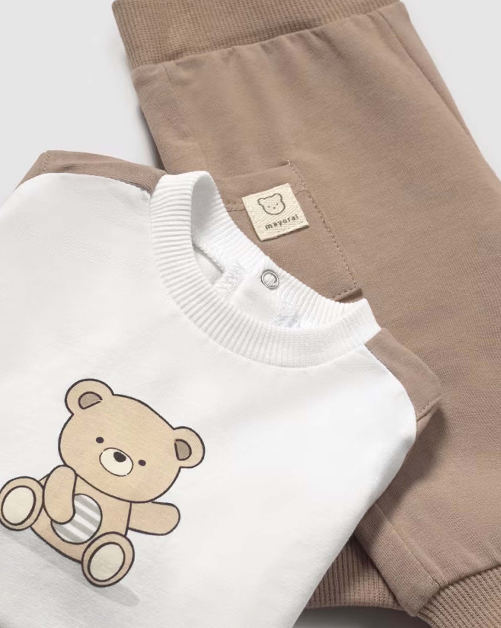 Completo maglia felpa e pantalone in cotone stretch panna e marrone con orsetto