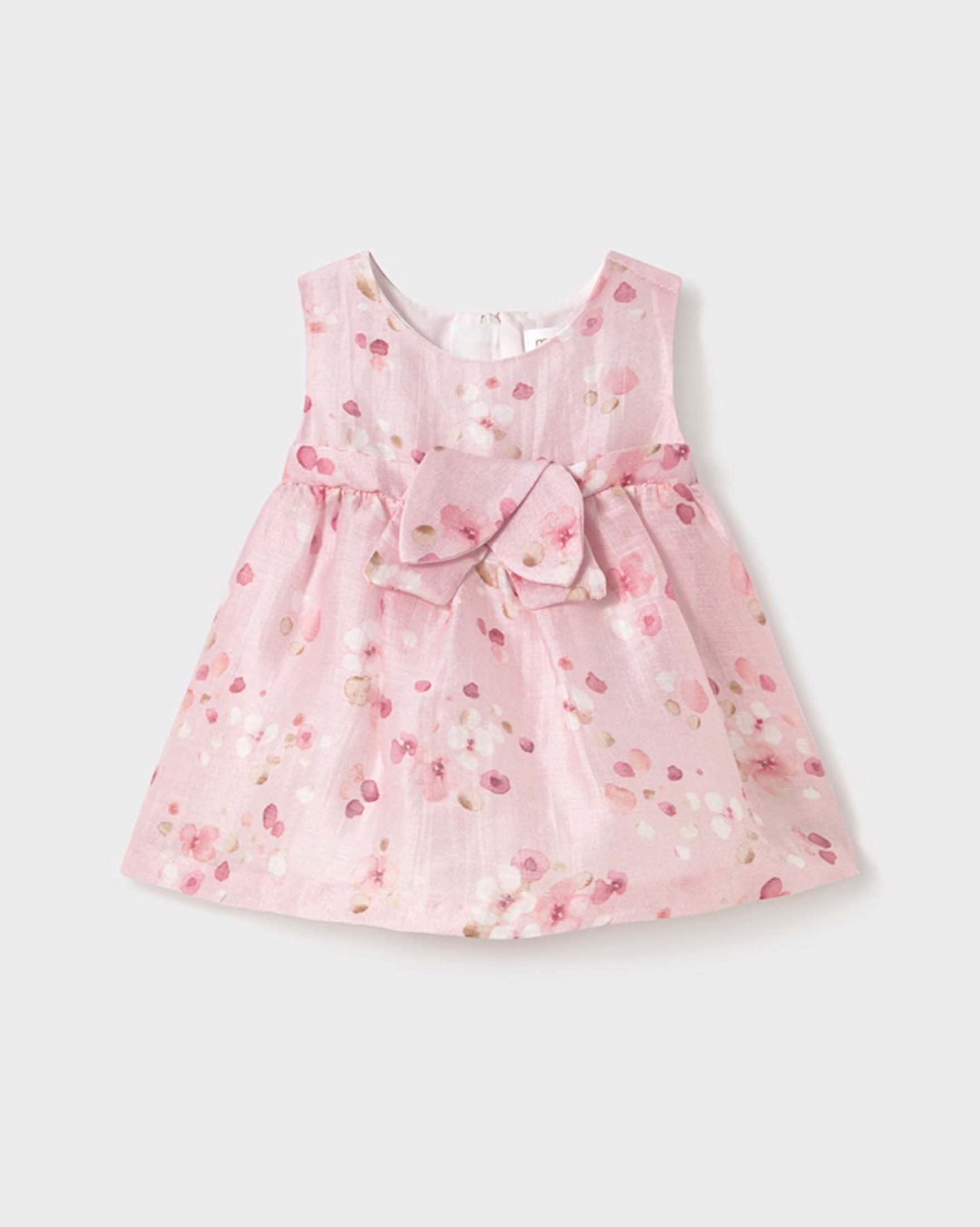 Abito fit and flare rosa smanicato con fiocco e fantasia floreale