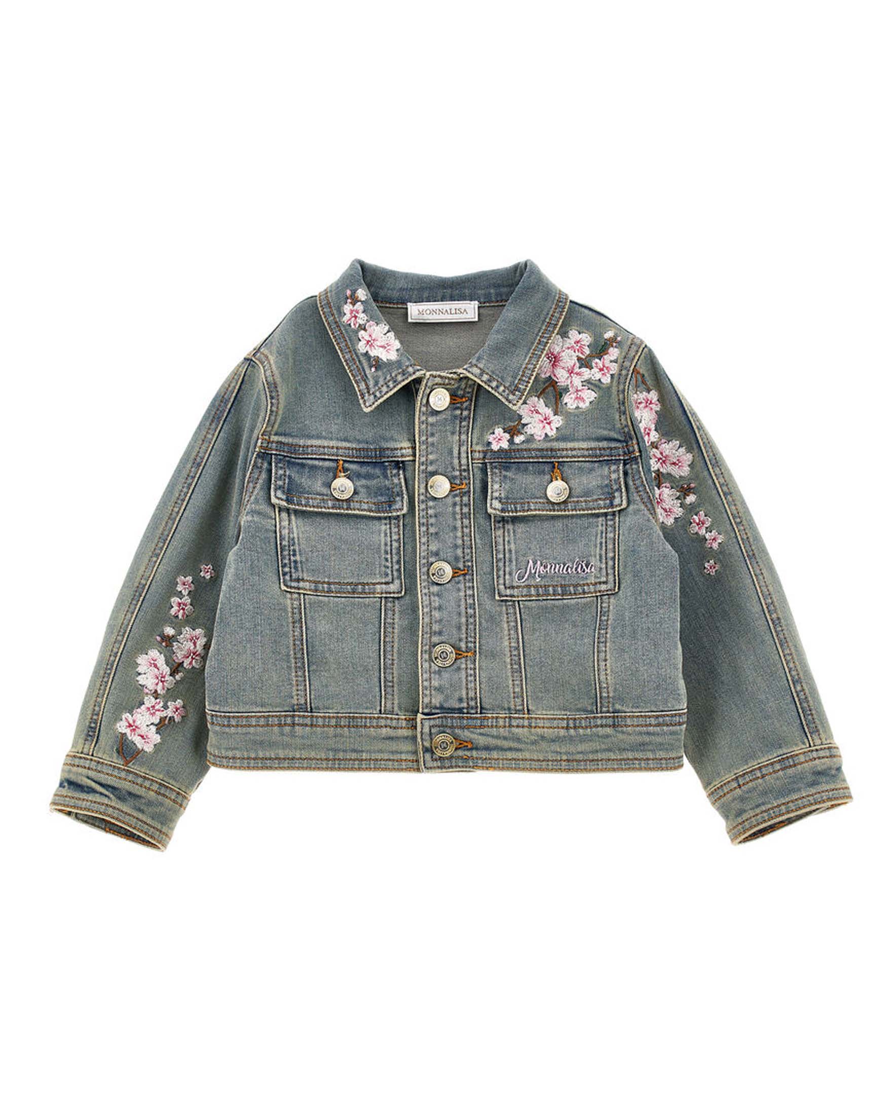 Giacca in denim con ricamo fiori di pesco rosa