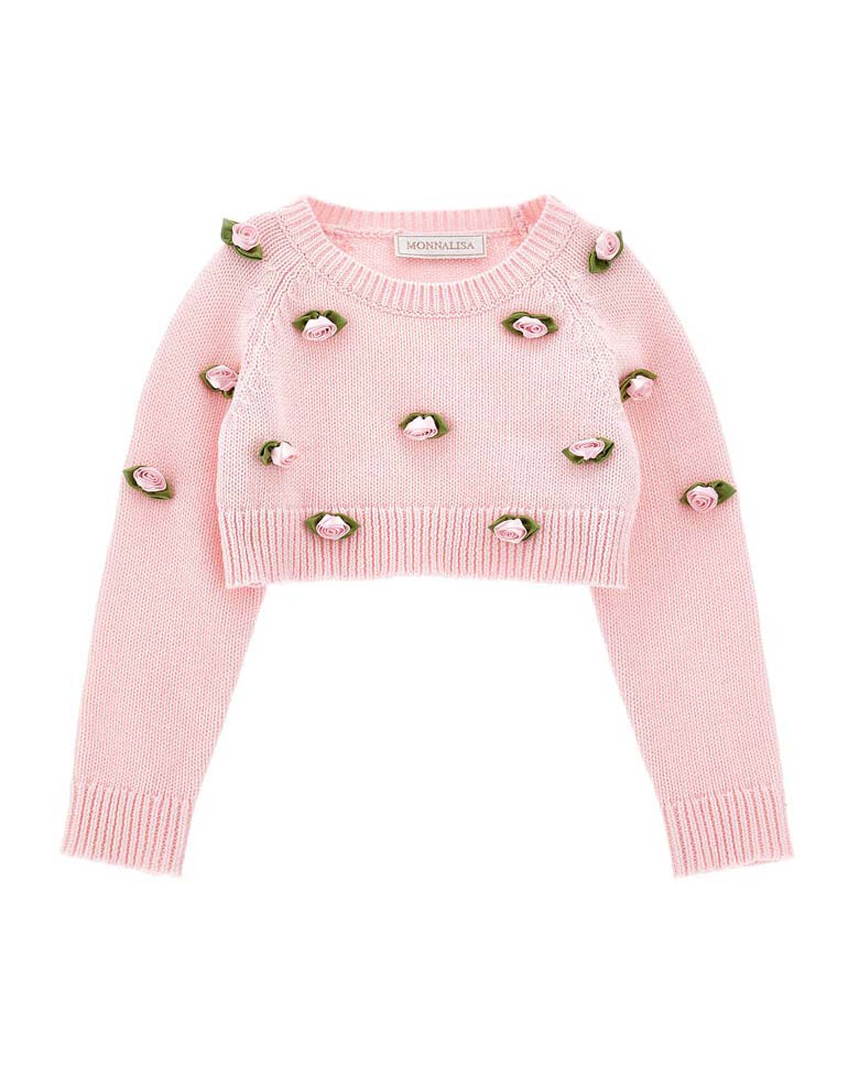 Maglia cropped rosa Monnalisa in puro cotone con roselline ricamate all over