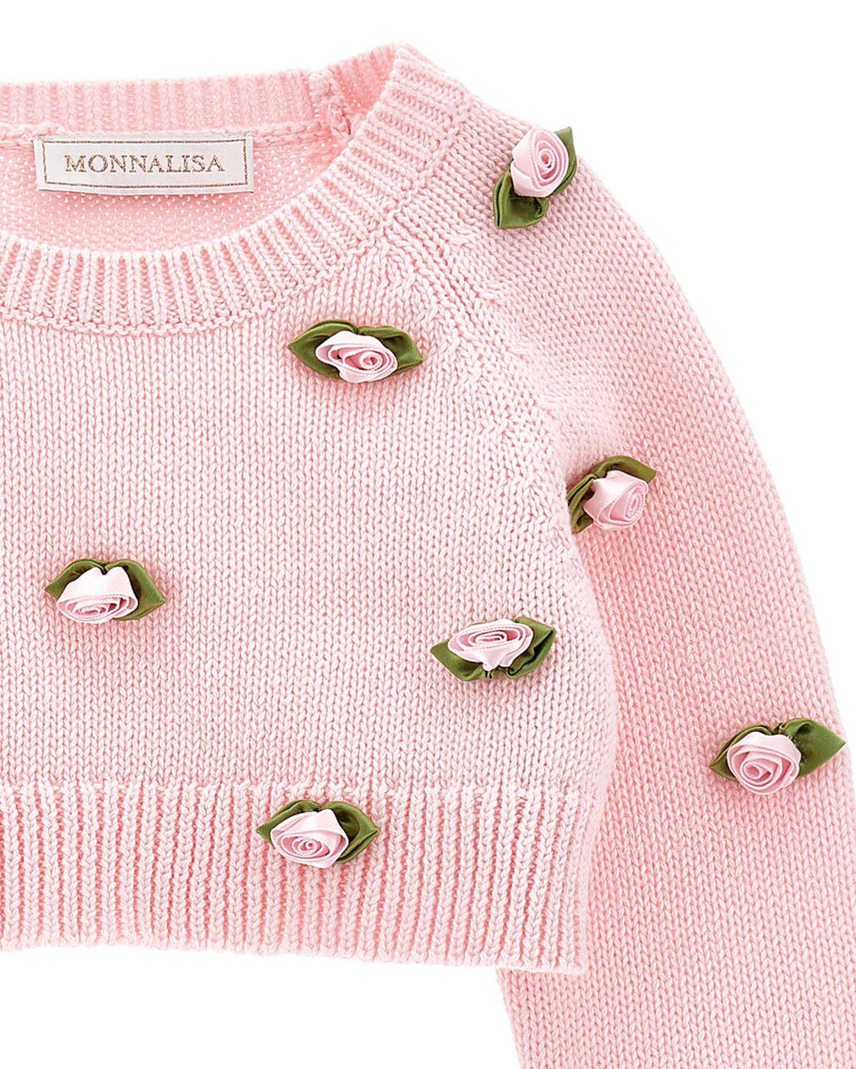 Maglia cropped rosa Monnalisa in puro cotone con roselline ricamate all over image