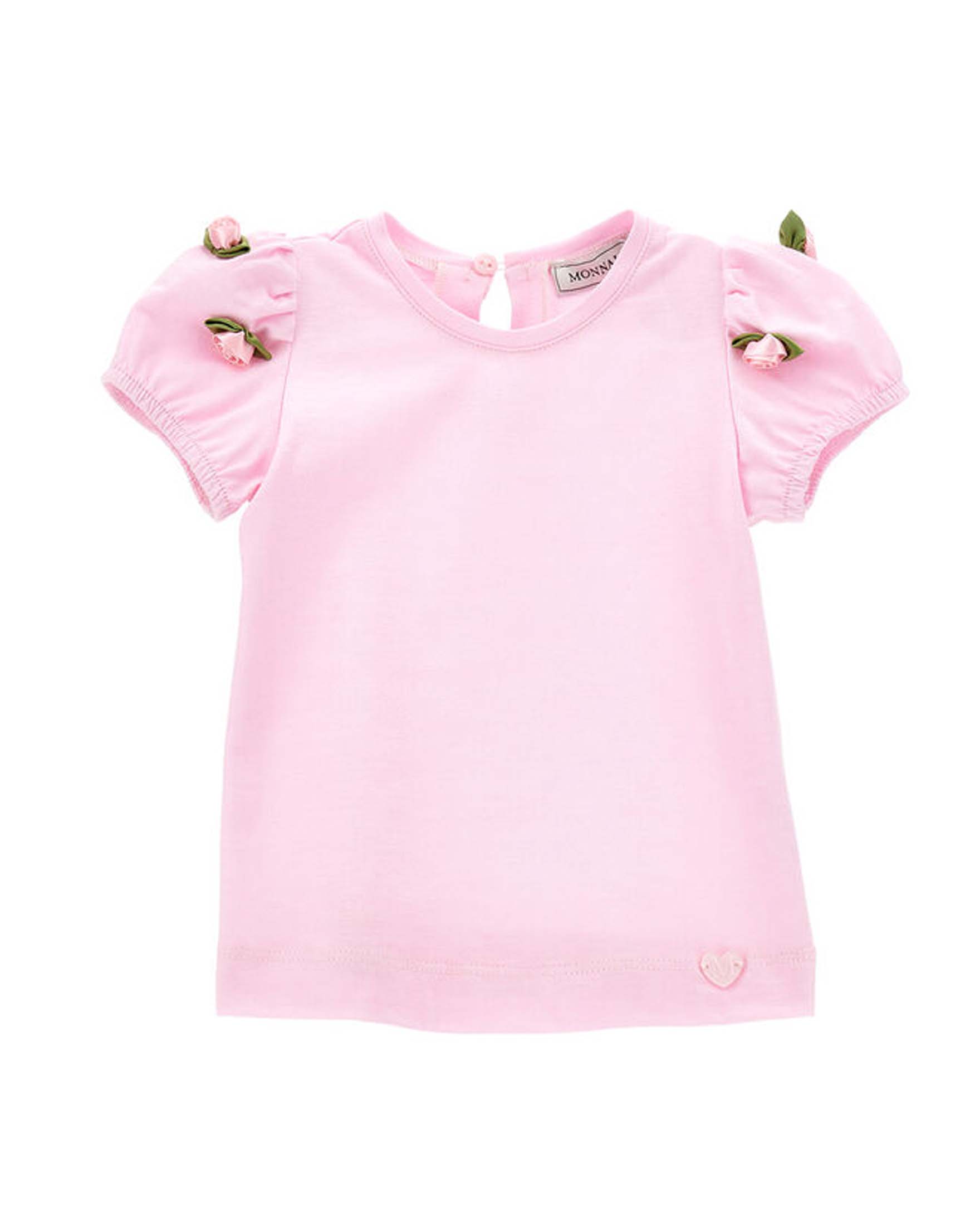 T-shirt rosa con maniche a sbuffo e roselline applicate