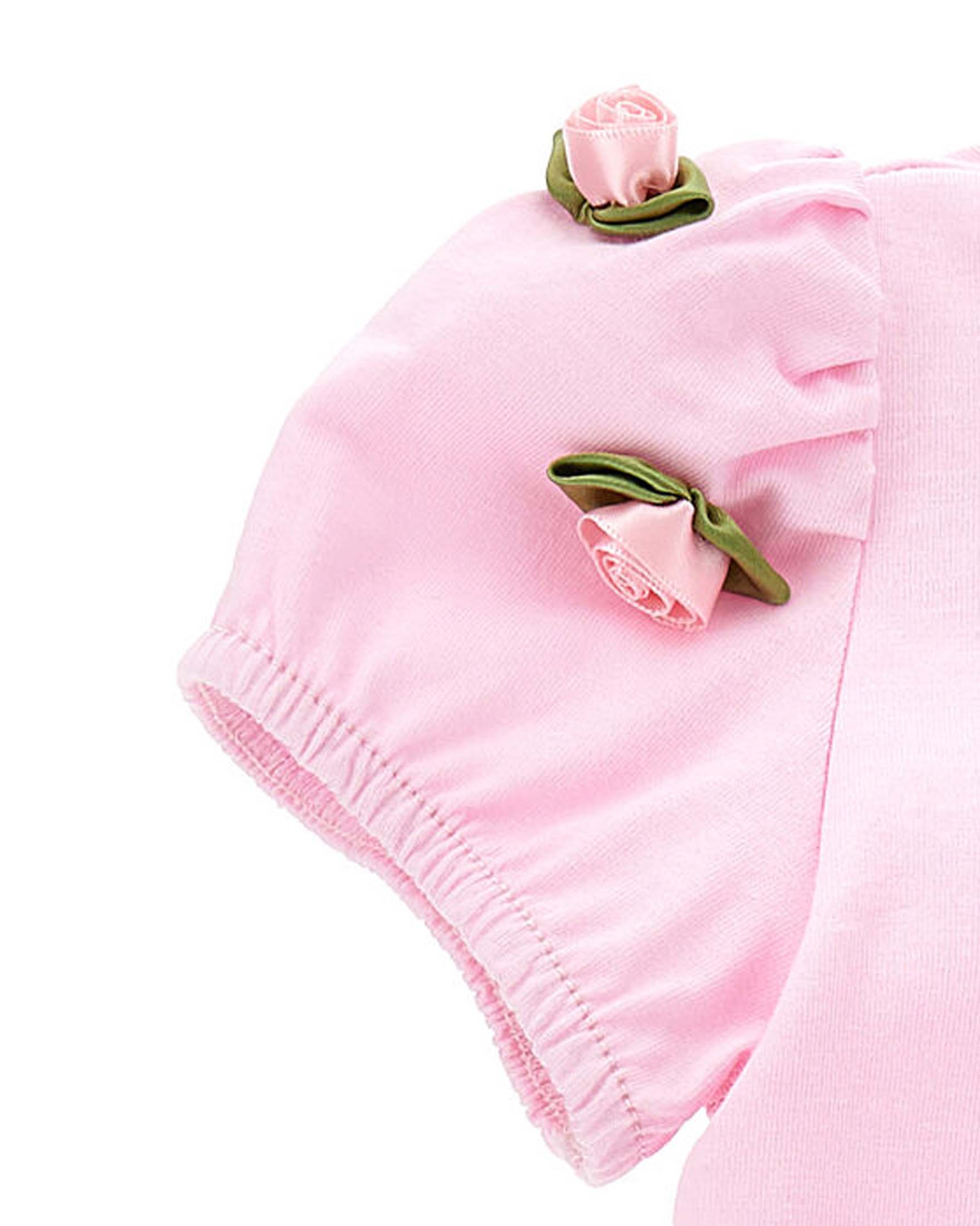 T-shirt rosa Monnalisa con maniche a sbuffo e roselline applicate image