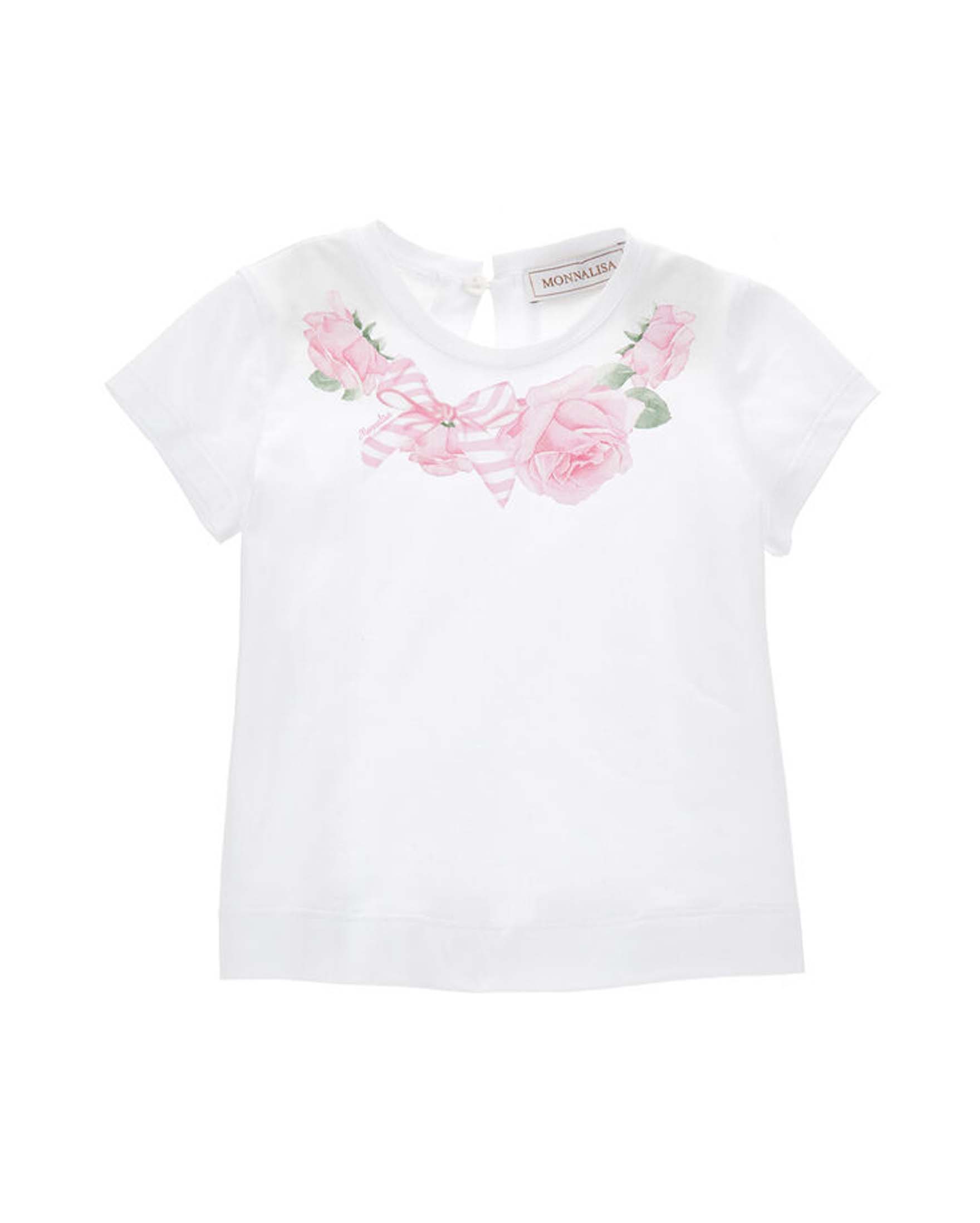T-shirt bianca mezza manica con stampa rose e fiocco