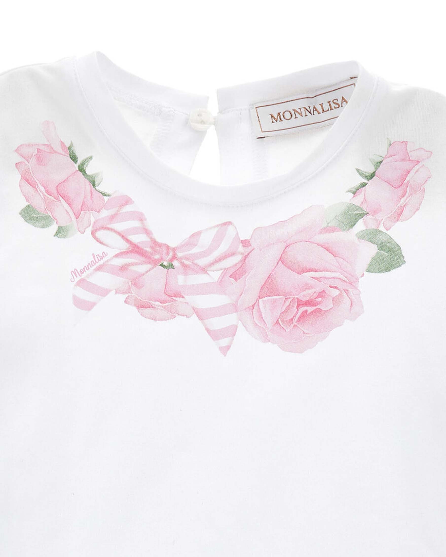 T-shirt bianca Monnalisa mezza manica con stampa rose e fiocco image