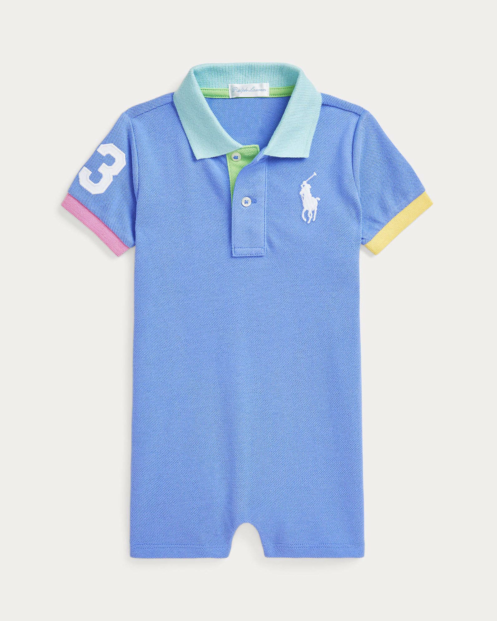 Pagliaccetto pervinca a polo in piquè di cotone con profili multicolor e maxi logo pony Polo
