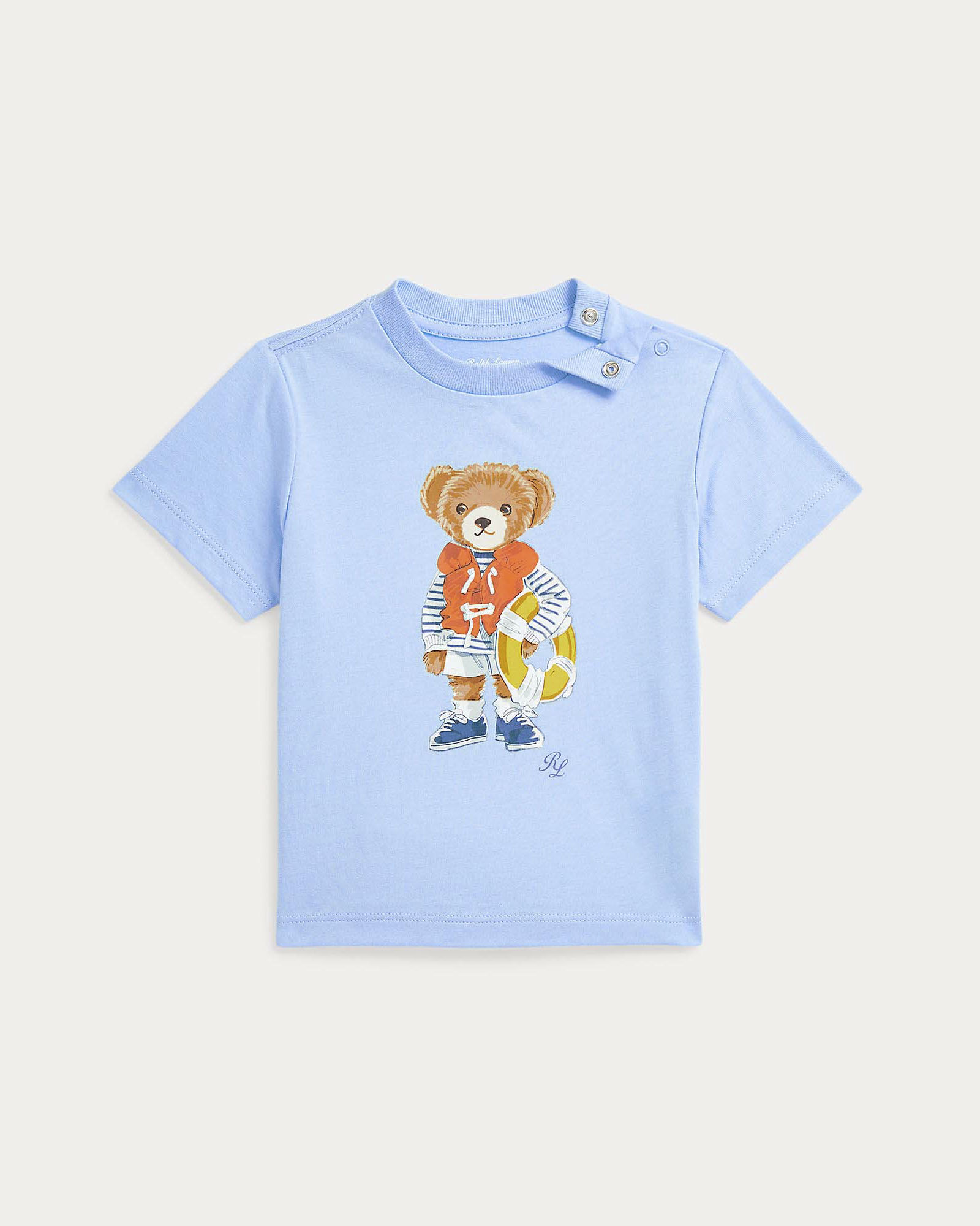 T-shirt azzurra mezza manica Polo con Polo Bear e salvagente