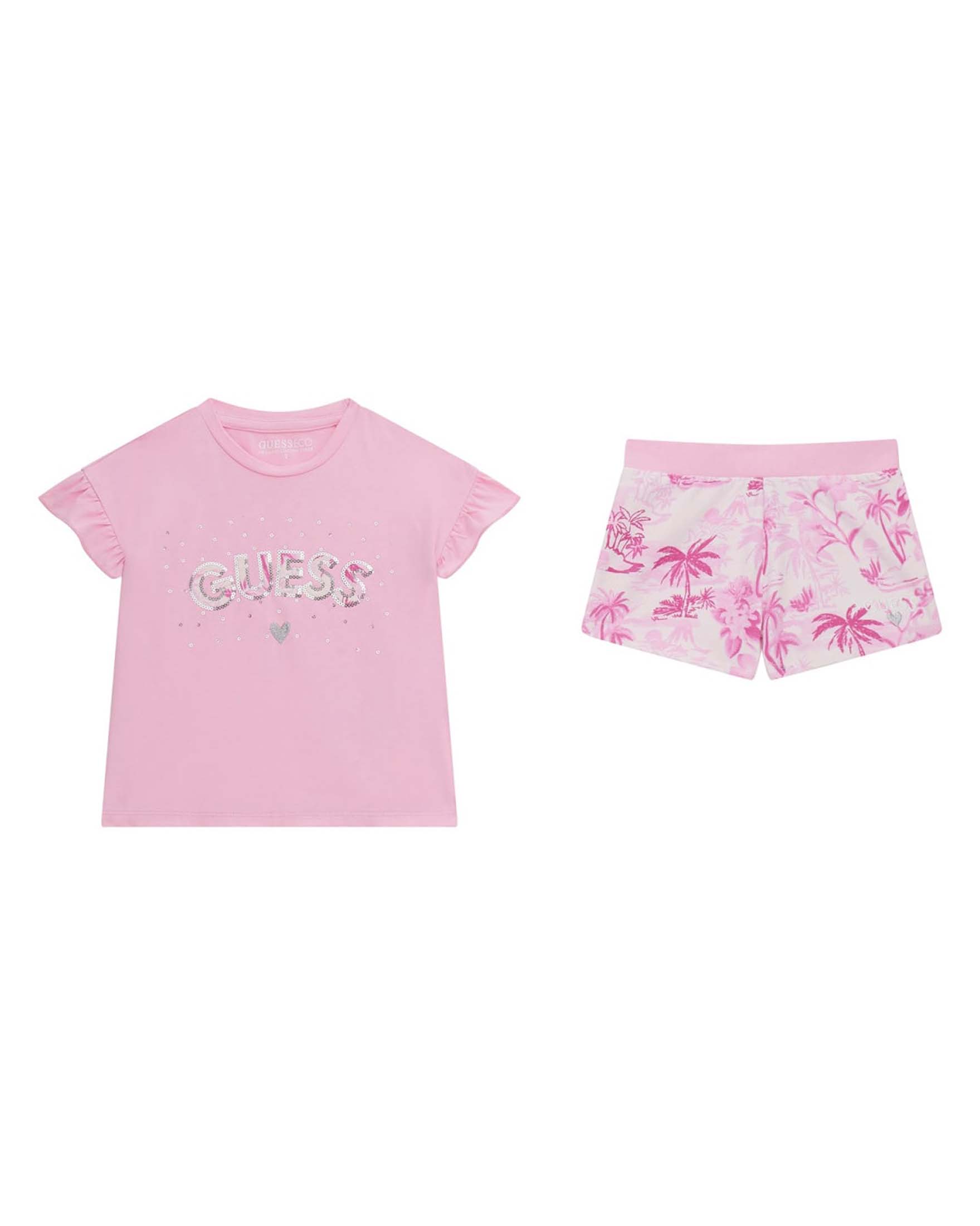 Completo t-shirt e short in cotone stretch rosa con fantasia palme
